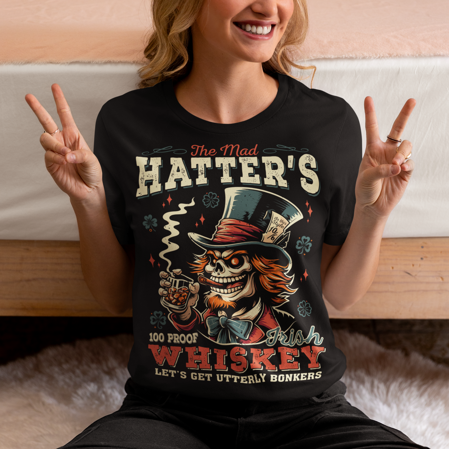 Get ready to add a touch of whimsical madness to your wardrobe with "The Mad Hatter Irish Whiskey" t-shirt! Inspired by the iconic character from Lewis Carroll's "Alice's Adventures in Wonderland," this shirt features a vibrant illustration of the Mad Hatter, complete with his signature top hat and mischievous grin. With intricate detailing and vivid colors, it captures the essence of Wonderland's eccentric tea party host.