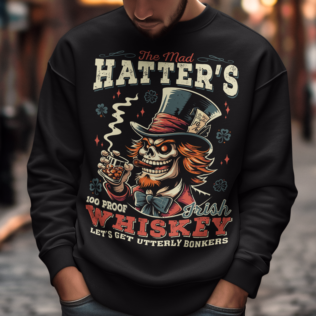 Get ready to add a touch of whimsical madness to your wardrobe with "The Mad Hatter Irish Whiskey" sweatshirt! Inspired by the iconic character from Lewis Carroll's "Alice's Adventures in Wonderland," this shirt features a vibrant illustration of the Mad Hatter, complete with his signature top hat and mischievous grin. With intricate detailing and vivid colors, it captures the essence of Wonderland's eccentric tea party host. Emblazoned across the design is text "THE MAD HATTER IRISH WHISKEY,"