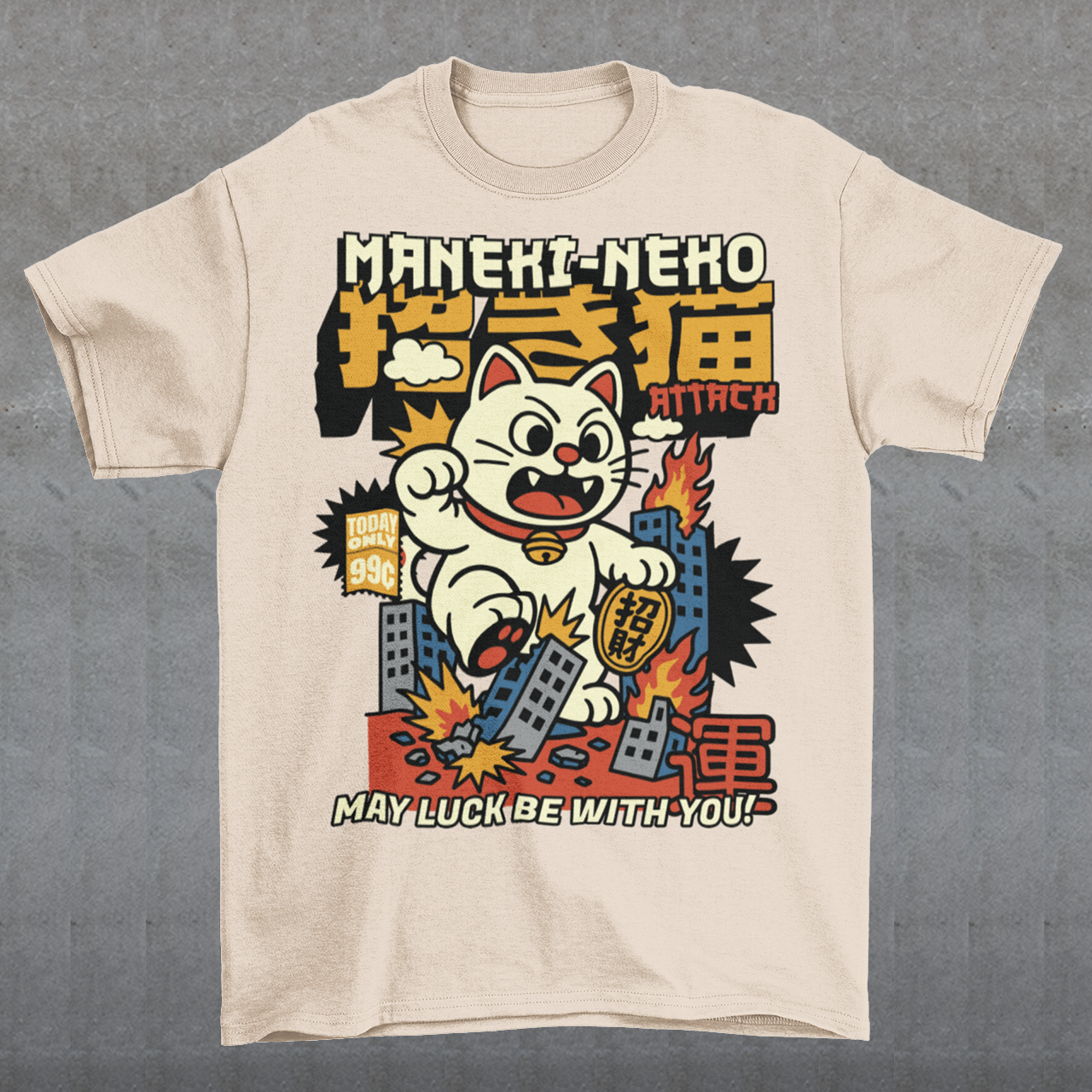 Unleash feline fury with this eye-catching "MANEKI-NEKO ATTACK" t-shirt! Featuring a giant, rampaging Lucky Cat towering over a city skyline, this design puts a wild twist on the traditional symbol of good fortune. With one paw raised and destruction in its wake, the Maneki-Neko trades charm for chaos—smashing buildings while still sporting that iconic golden bell. Bold, stylized lettering screams "MANEKI-NEKO ATTACK" across the top, giving the shirt a retro kaiju-meets-pop-art vibe. Perfect for fans of Jap
