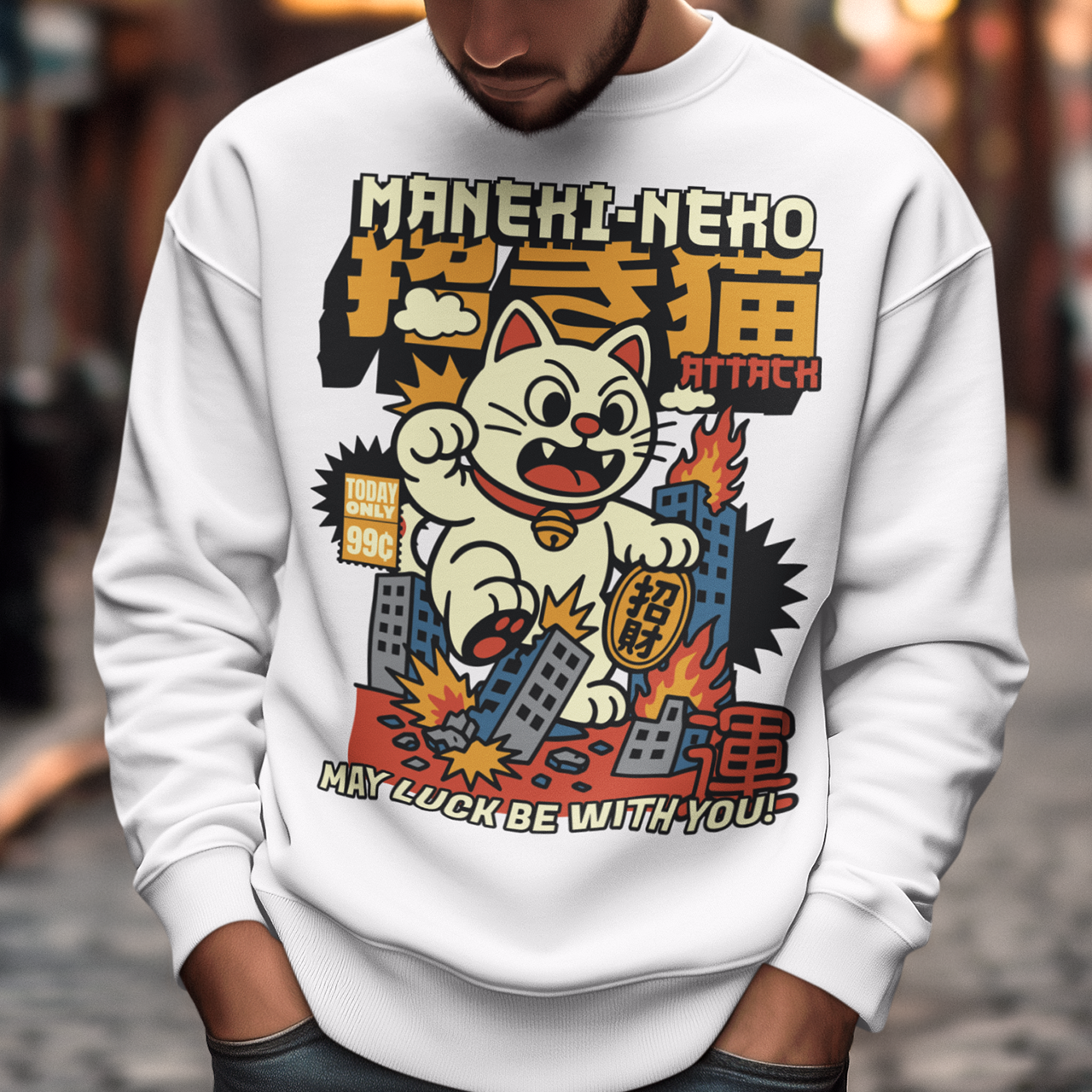 Unleash feline fury with this eye-catching "MANEKI-NEKO ATTACK" sweatshirt! Featuring a giant, rampaging Lucky Cat towering over a city skyline, this design puts a wild twist on the traditional symbol of good fortune. With one paw raised and destruction in its wake, the Maneki-Neko trades charm for chaos—smashing buildings while still sporting that iconic golden bell. Bold, stylized lettering screams "MANEKI-NEKO ATTACK" across the top, giving the shirt a retro kaiju-meets-pop-art vibe.