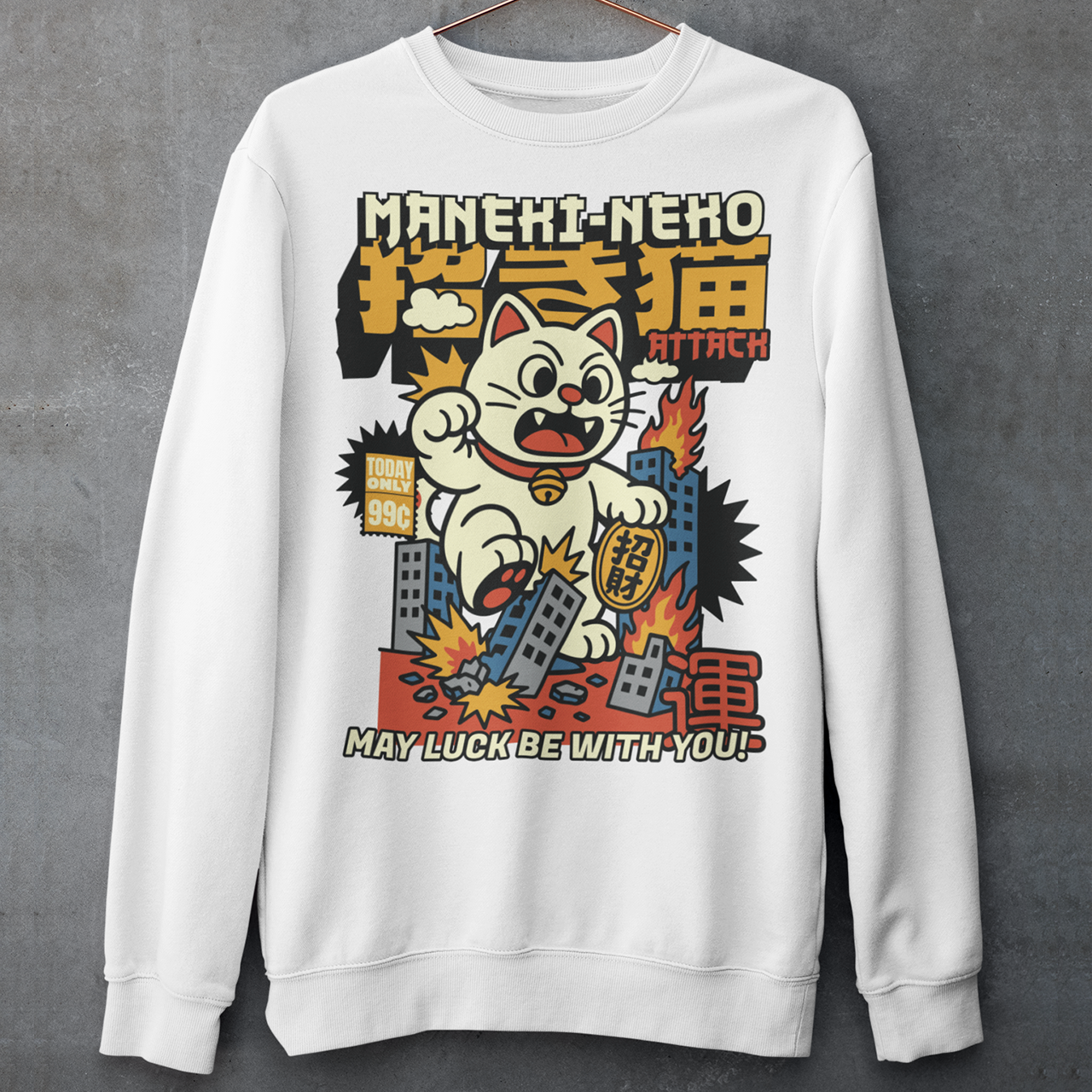 Unleash feline fury with this eye-catching "MANEKI-NEKO ATTACK" sweatshirt! Featuring a giant, rampaging Lucky Cat towering over a city skyline, this design puts a wild twist on the traditional symbol of good fortune. With one paw raised and destruction in its wake, the Maneki-Neko trades charm for chaos—smashing buildings while still sporting that iconic golden bell. Bold, stylized lettering screams "MANEKI-NEKO ATTACK" across the top, giving the shirt a retro kaiju-meets-pop-art vibe.