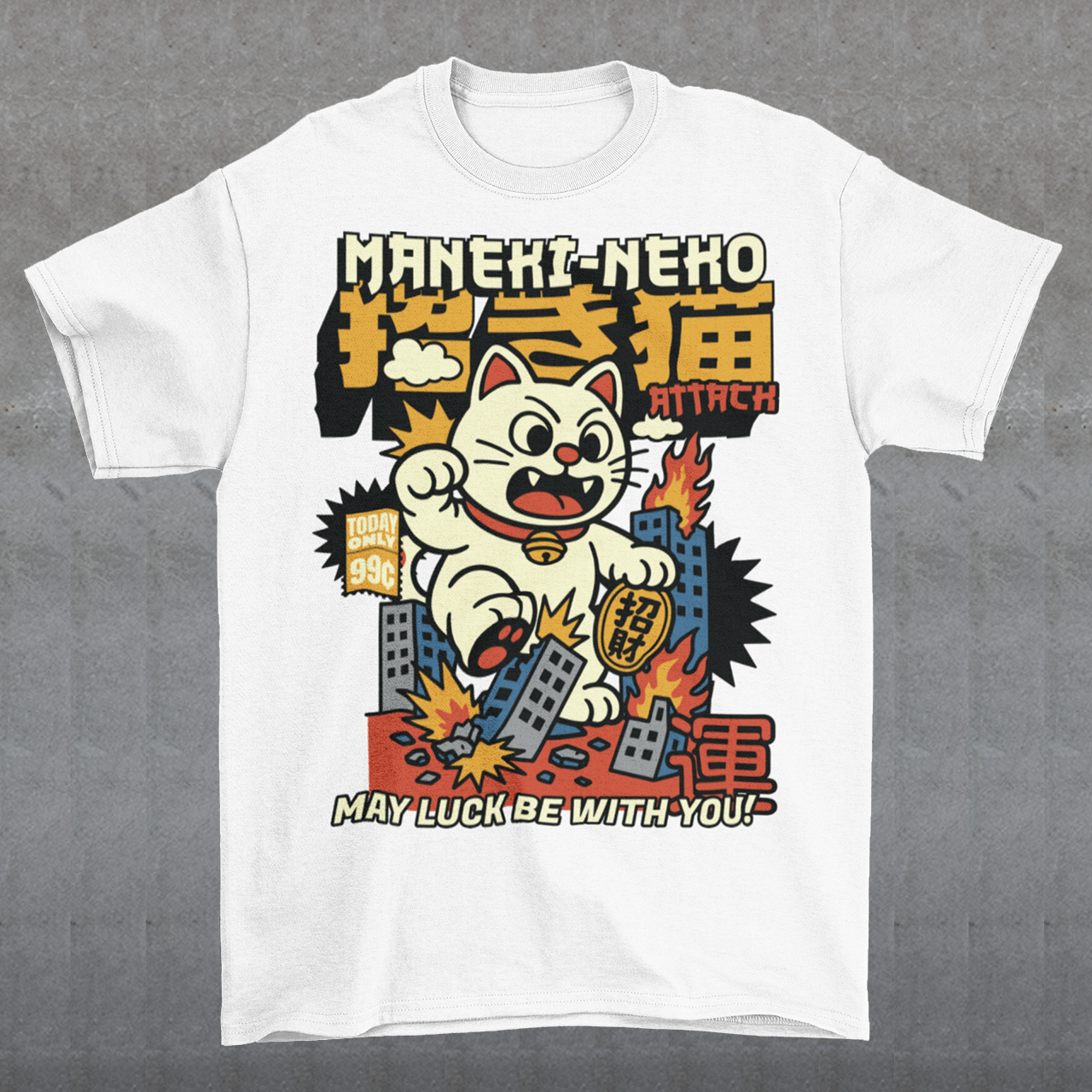 Unleash feline fury with this eye-catching "MANEKI-NEKO ATTACK" t-shirt! Featuring a giant, rampaging Lucky Cat towering over a city skyline, this design puts a wild twist on the traditional symbol of good fortune. With one paw raised and destruction in its wake, the Maneki-Neko trades charm for chaos—smashing buildings while still sporting that iconic golden bell. Bold, stylized lettering screams "MANEKI-NEKO ATTACK" across the top, giving the shirt a retro kaiju-meets-pop-art vibe. Perfect for fans of Jap