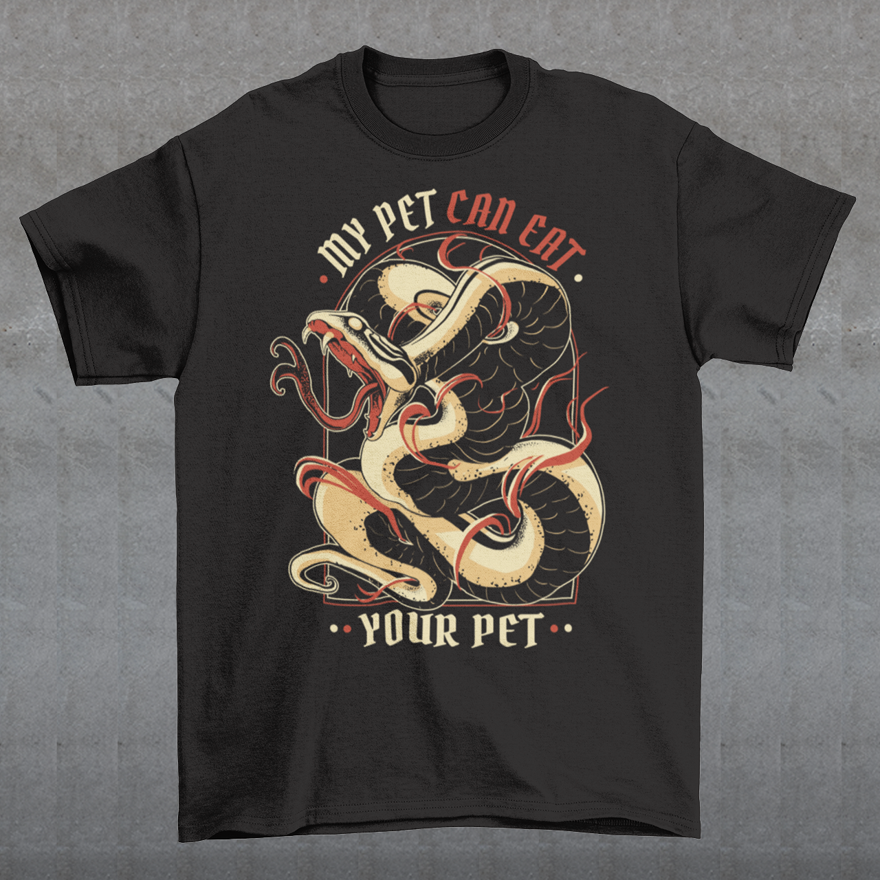 Introducing our edgy and eye-catching t-shirt, where the wild meets the witty: the "MY PET CAN EAT YOUR PET" design. This captivating piece effortlessly combines a striking image of a sinuous and intricately detailed snake with a bold proclamation that's sure to turn heads. At the heart of the design is an incredibly lifelike depiction of a snake, coiled and ready to strike. The artistry and attention to detail showcase every scale, curve, and menacing gaze of this magnificent creature.