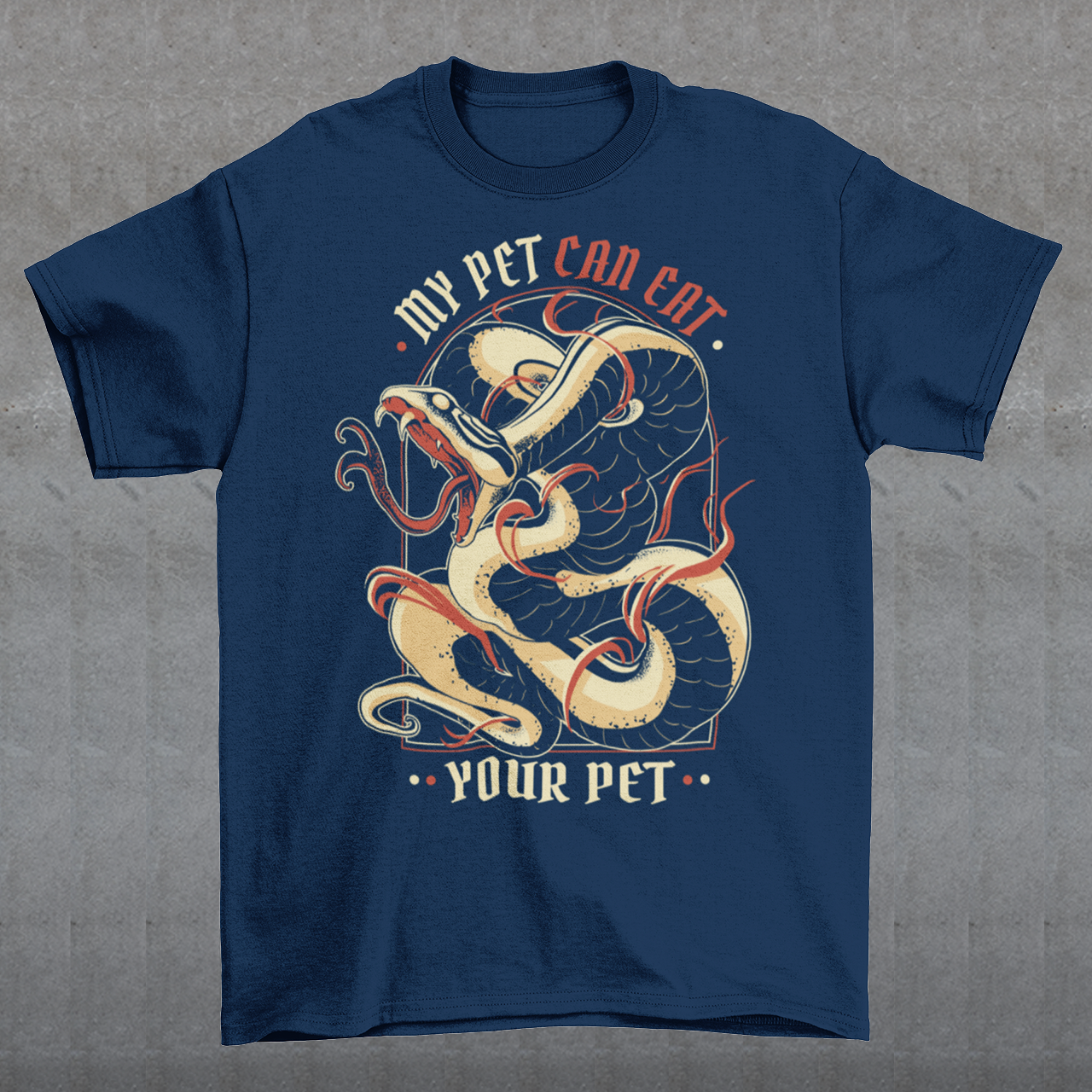 Introducing our edgy and eye-catching t-shirt, where the wild meets the witty: the "MY PET CAN EAT YOUR PET" design. This captivating piece effortlessly combines a striking image of a sinuous and intricately detailed snake with a bold proclamation that's sure to turn heads. At the heart of the design is an incredibly lifelike depiction of a snake, coiled and ready to strike. The artistry and attention to detail showcase every scale, curve, and menacing gaze of this magnificent creature.