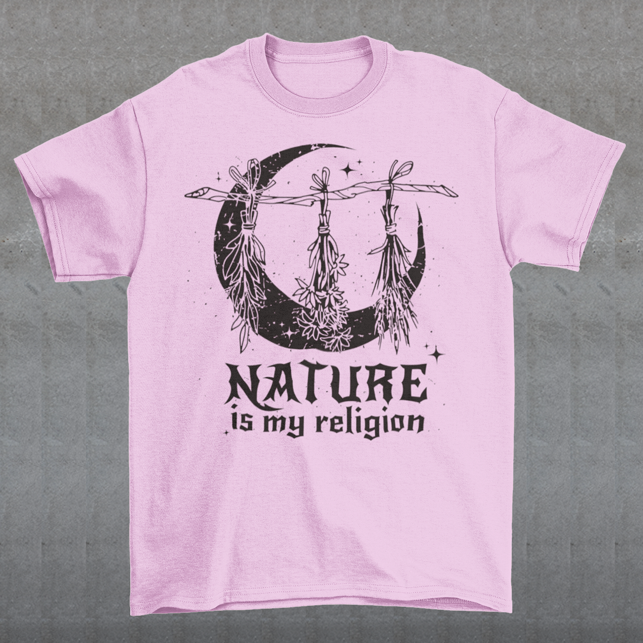 This t-shirt features a stunning and eye-catching design that is sure to grab attention wherever you go. The front of the shirt boldly displays the phrase "Nature is my religion" in bold, striking lettering. The message is a powerful statement that reflects a deep connection and reverence for the natural world. The moon, depicted in intricate detail, adds an extra layer of symbolism to the design.
