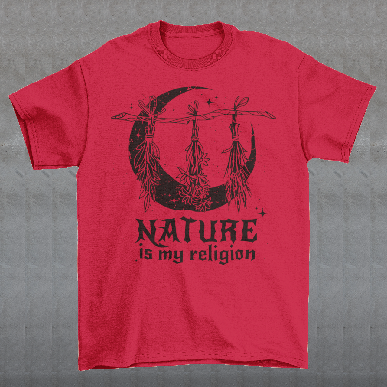 This t-shirt features a stunning and eye-catching design that is sure to grab attention wherever you go. The front of the shirt boldly displays the phrase "Nature is my religion" in bold, striking lettering. The message is a powerful statement that reflects a deep connection and reverence for the natural world. The moon, depicted in intricate detail, adds an extra layer of symbolism to the design.