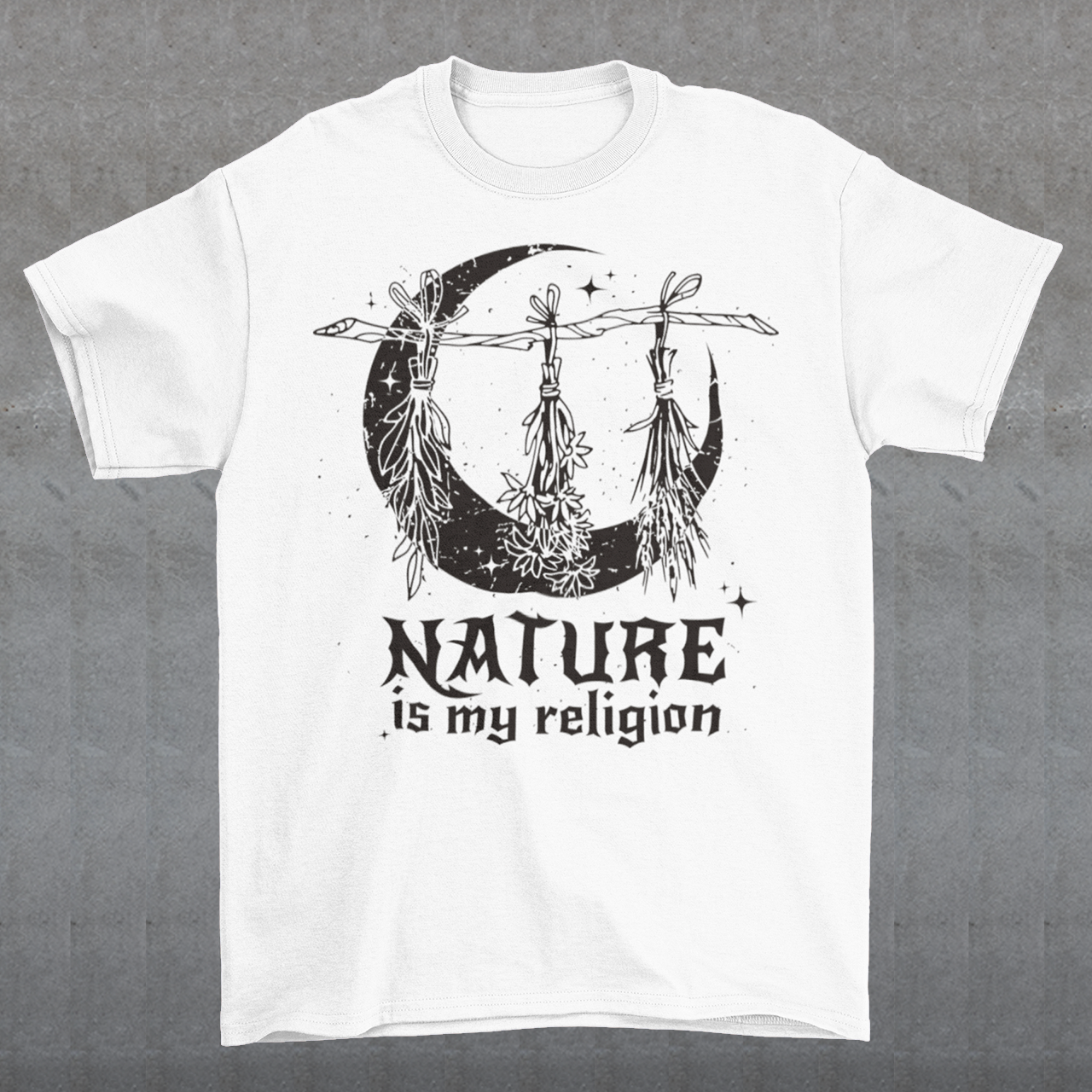 This t-shirt features a stunning and eye-catching design that is sure to grab attention wherever you go. The front of the shirt boldly displays the phrase "Nature is my religion" in bold, striking lettering. The message is a powerful statement that reflects a deep connection and reverence for the natural world. The moon, depicted in intricate detail, adds an extra layer of symbolism to the design.