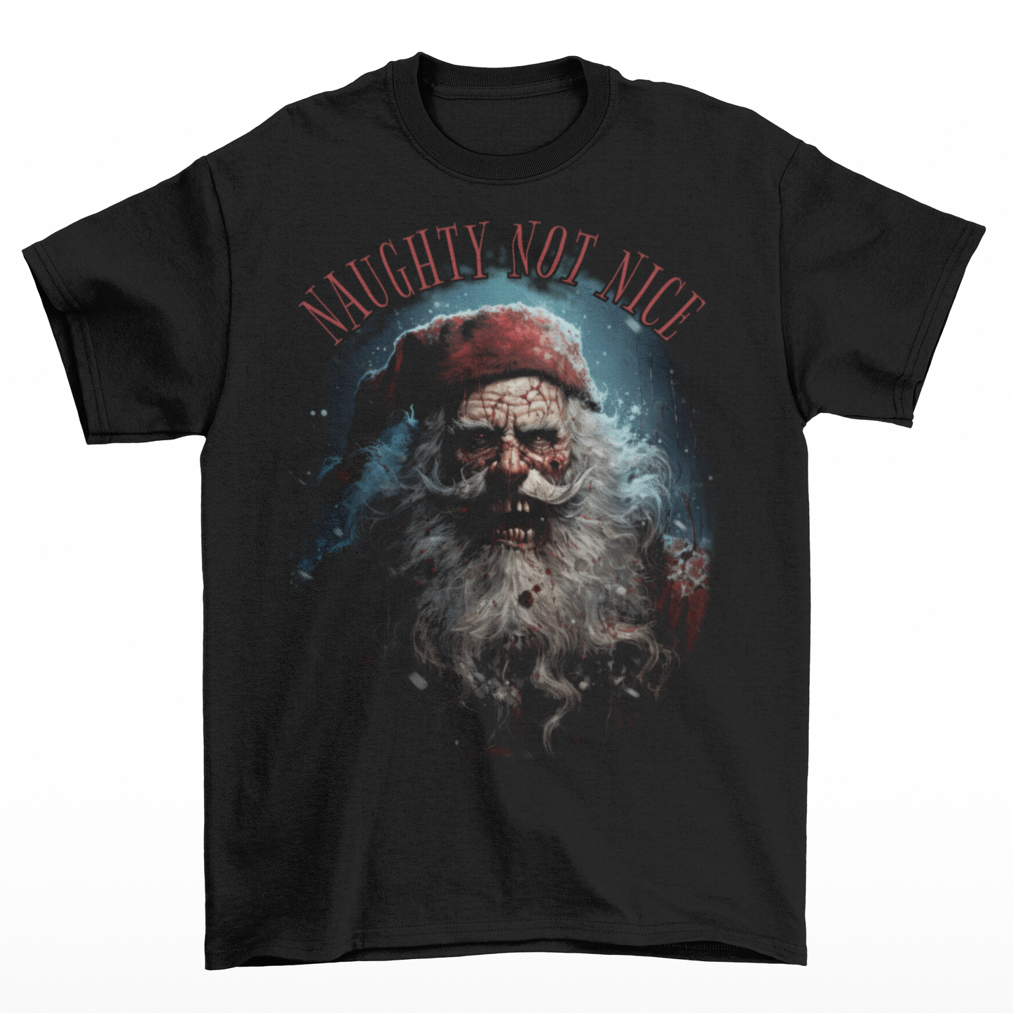 Black christmas t-shirt of a scary santa with text "NAUGHTY NOT NICE".