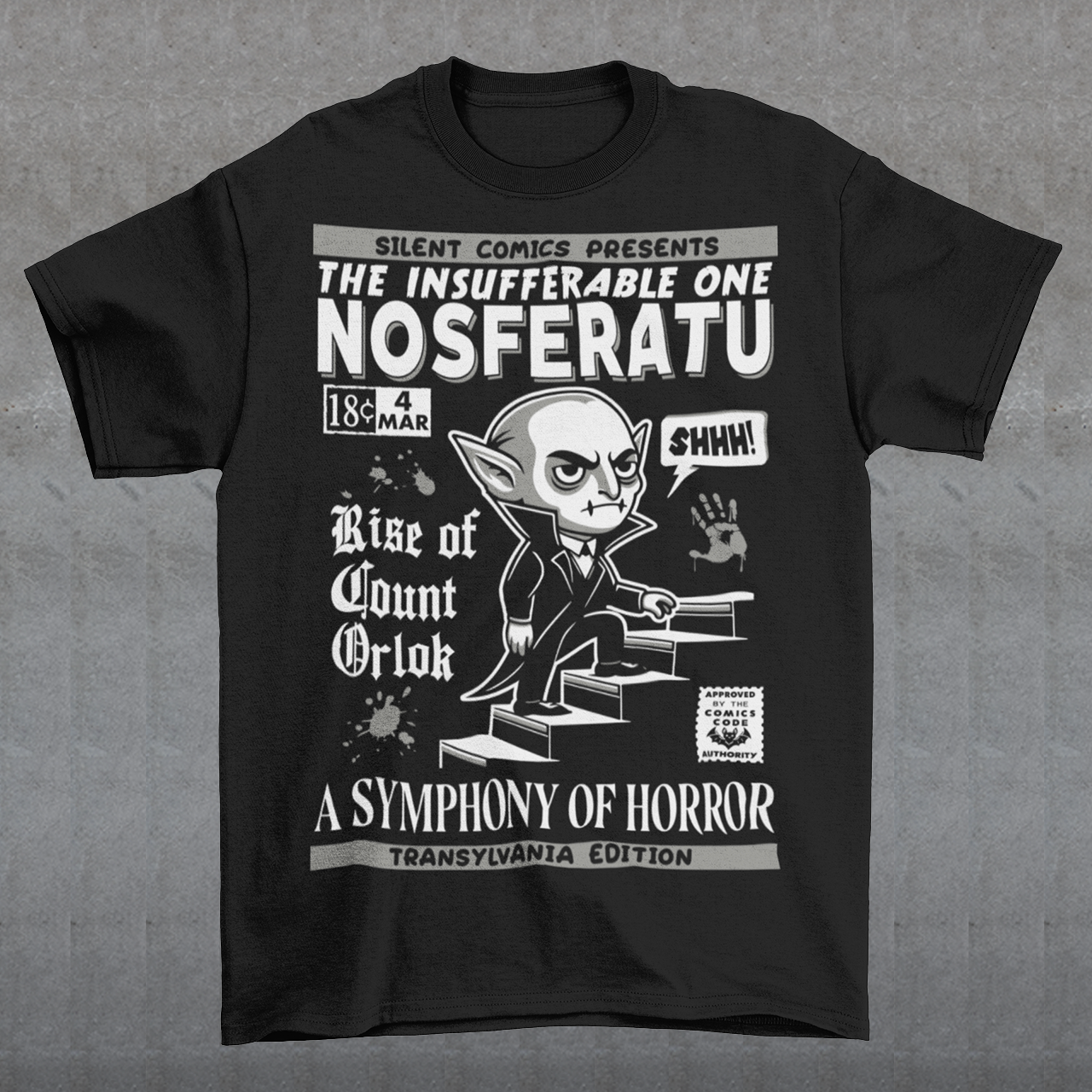 Unleash the eerie allure of classic horror with this Nosferatu comic book cover t-shirt! The design features a stunning vintage-style comic book rendition of the iconic vampire, Count Orlok, emerging from the shadows. Perfect for fans of classic horror, retro comics, and timeless gothic vibes, this t-shirt is a wearable piece of cinematic and artistic history.