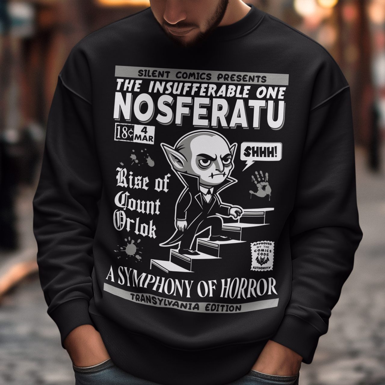 Black sweatshirt of a comic book cover of Nosferatu. A symphony of horror.