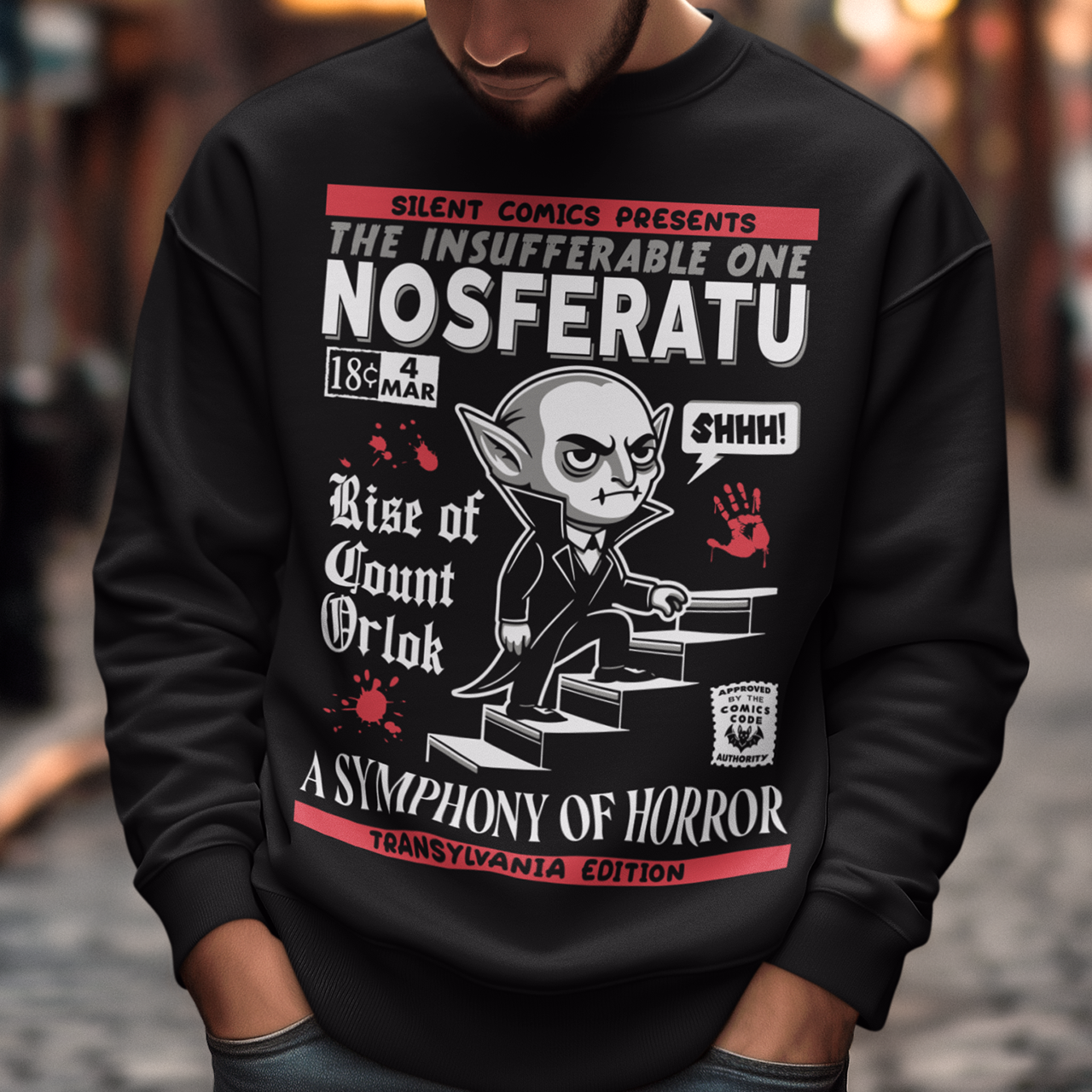 Black sweatshirt of a comic book cover of Nosferatu. A symphony of horror.