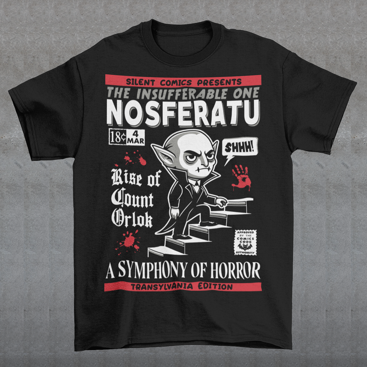 Unleash the eerie allure of classic horror with this Nosferatu comic book cover t-shirt! The design features a stunning vintage-style comic book rendition of the iconic vampire, Count Orlok, emerging from the shadows. Perfect for fans of classic horror, retro comics, and timeless gothic vibes, this t-shirt is a wearable piece of cinematic and artistic history.