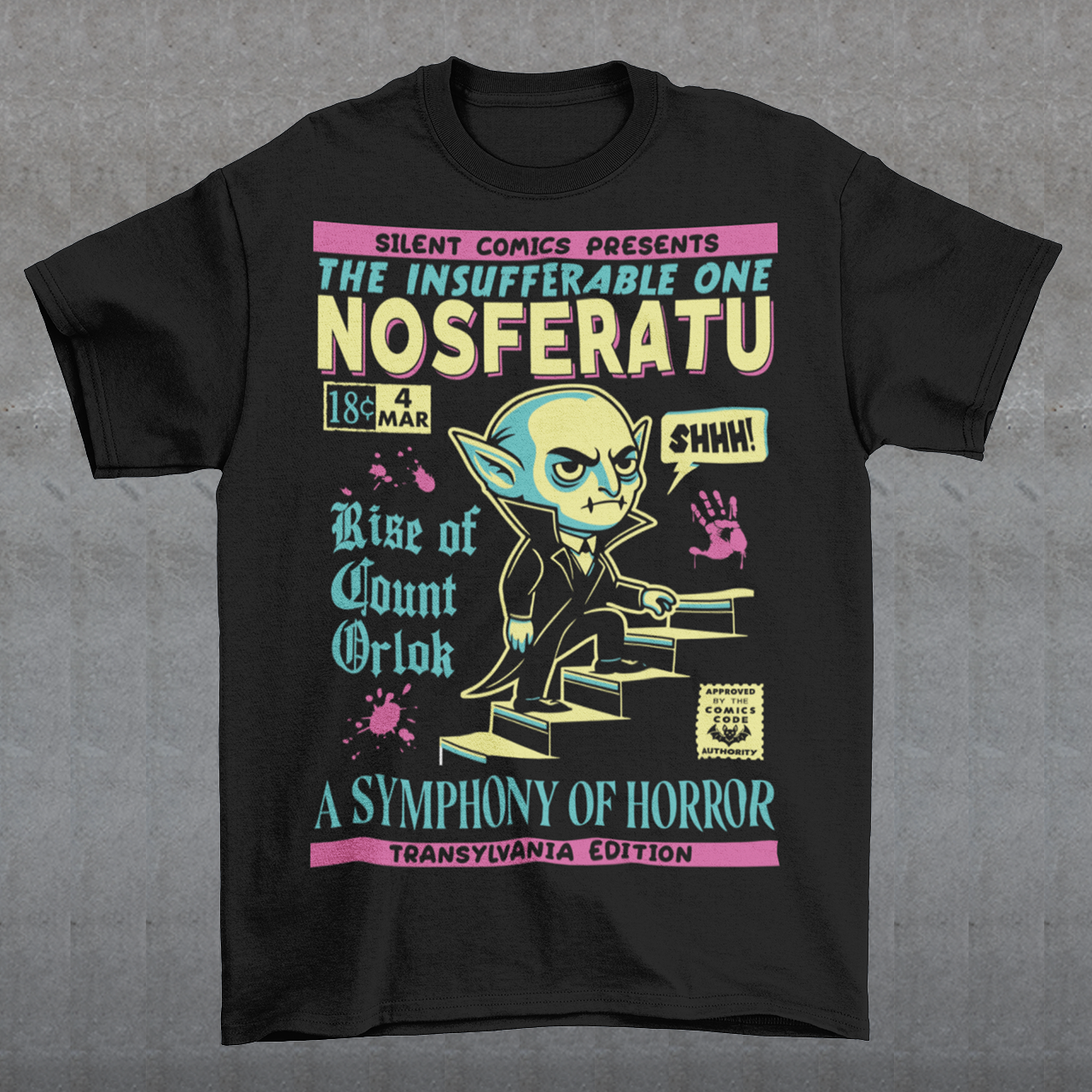 Unleash the eerie allure of classic horror with this Nosferatu comic book cover t-shirt! The design features a stunning vintage-style comic book rendition of the iconic vampire, Count Orlok, emerging from the shadows. Perfect for fans of classic horror, retro comics, and timeless gothic vibes, this t-shirt is a wearable piece of cinematic and artistic history.