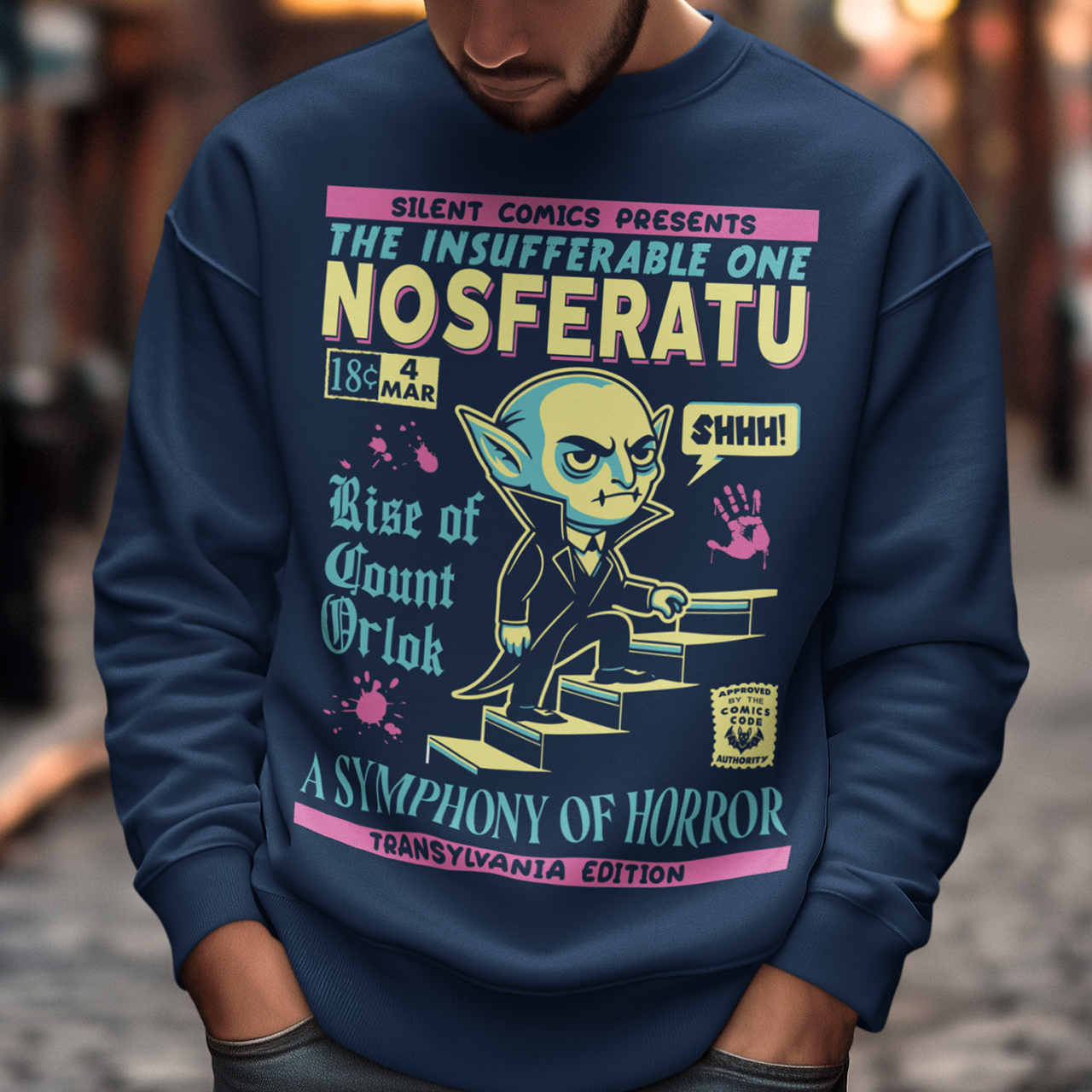Black sweatshirt of a comic book cover of Nosferatu. A symphony of horror.
