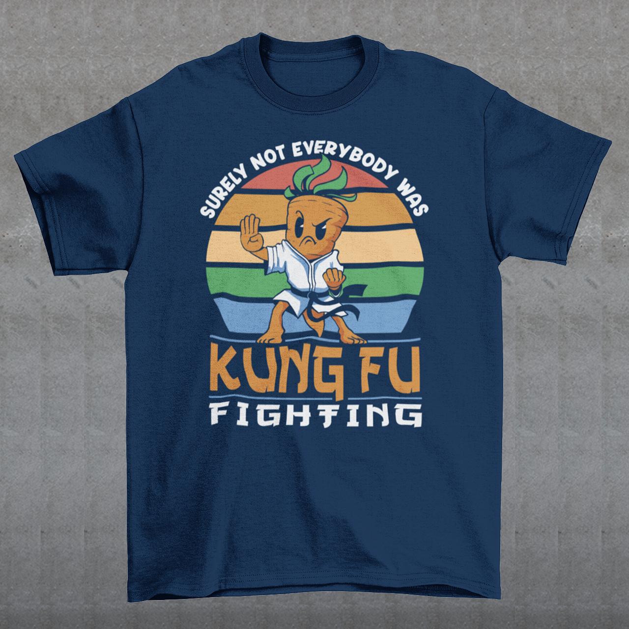 Introducing our vibrant and whimsical "Kung Fu Carrot" T-shirt, a perfect blend of humor and retro flair that's sure to turn heads! This unique design features a fearless carrot assuming a kung fu stance against the backdrop of a mesmerizing retro sun. The carrot's determined expression and martial arts pose exude confidence and playfulness. Surrounding this dynamic scene is the iconic phrase "SURELY NOT EVERYBODY WAS KUNG FU FIGHTING,".
