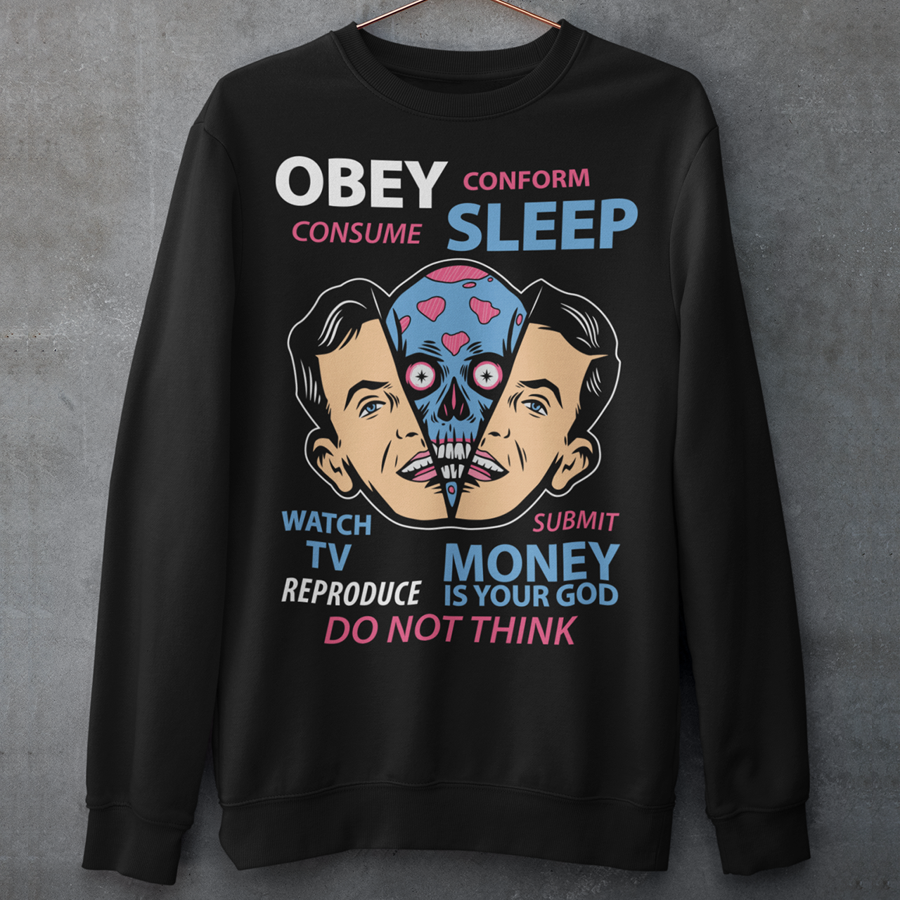 Introducing our bold and thought-provoking sweatshirt design, featuring an extraterrestrial creature removing a human face with the words "Obey, Submit, Conform, Consume, Money is your God" boldly emblazoned across the front. This striking design serves as a powerful reminder of the dangers of blindly following societal norms and expectations, and the all-consuming nature of money and consumerism in our modern world.