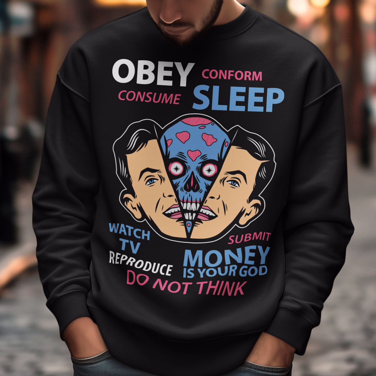 Introducing our bold and thought-provoking sweatshirt design, featuring an extraterrestrial creature removing a human face with the words "Obey, Submit, Conform, Consume, Money is your God" boldly emblazoned across the front. This striking design serves as a powerful reminder of the dangers of blindly following societal norms and expectations, and the all-consuming nature of money and consumerism in our modern world.