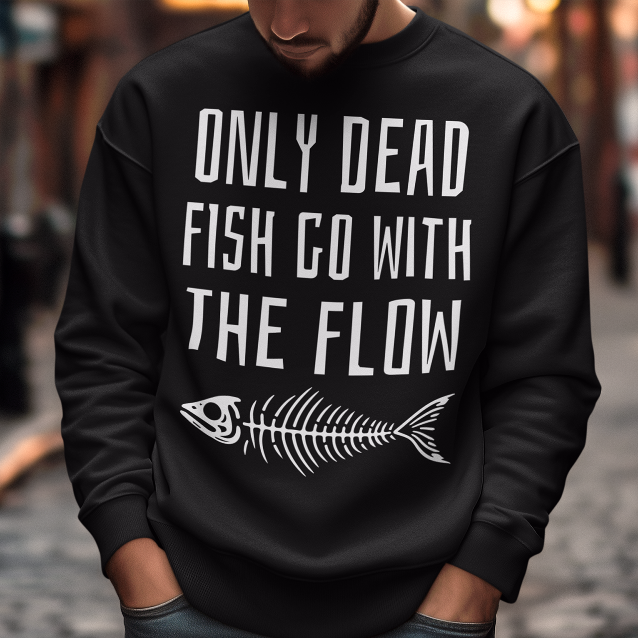 Introducing our bold and thought-provoking sweatshirt that features a striking design: a fish skeleton, paired with the empowering message "ONLY DEAD FISH GO WITH THE FLOW." This sweatshirt is perfect for those who pride themselves on swimming against the tide and embracing their individuality. The fish skeleton, rendered in a minimalist yet impactful style, symbolizes the importance of standing out and making your own path.
