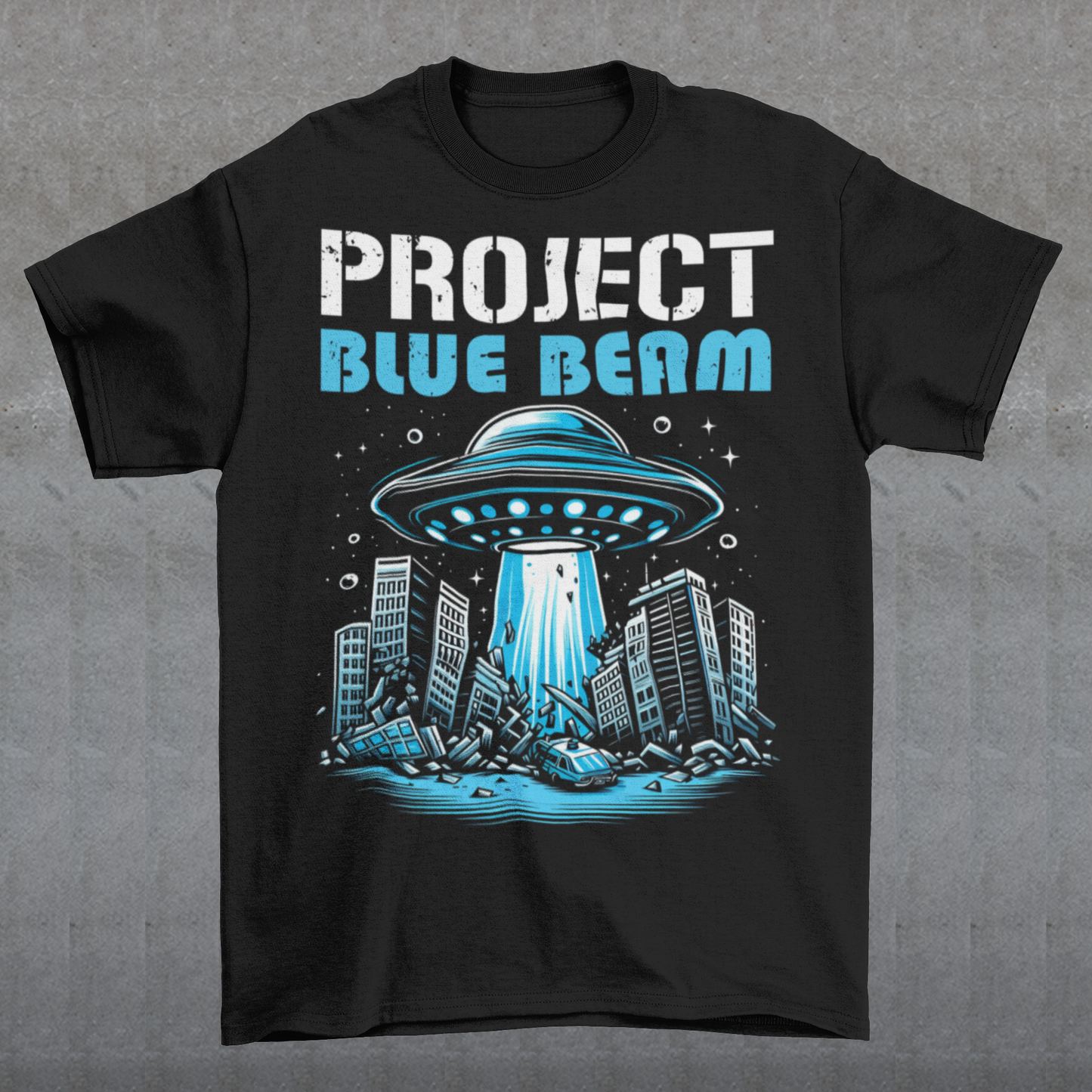 This bold and striking t-shirt features a dramatic scene of a UFO hovering menacingly above a futuristic city, casting a glowing beam of light that tears through skyscrapers, causing chaos and destruction below. The detailed artwork captures the intensity of the moment, with crumbling buildings giving the design an apocalyptic feel. Above the imagery, the text "PROJECT BLUE BEAM" is emblazoned in bold, futuristic typography, adding a mysterious and conspiracy-driven edge to the design.