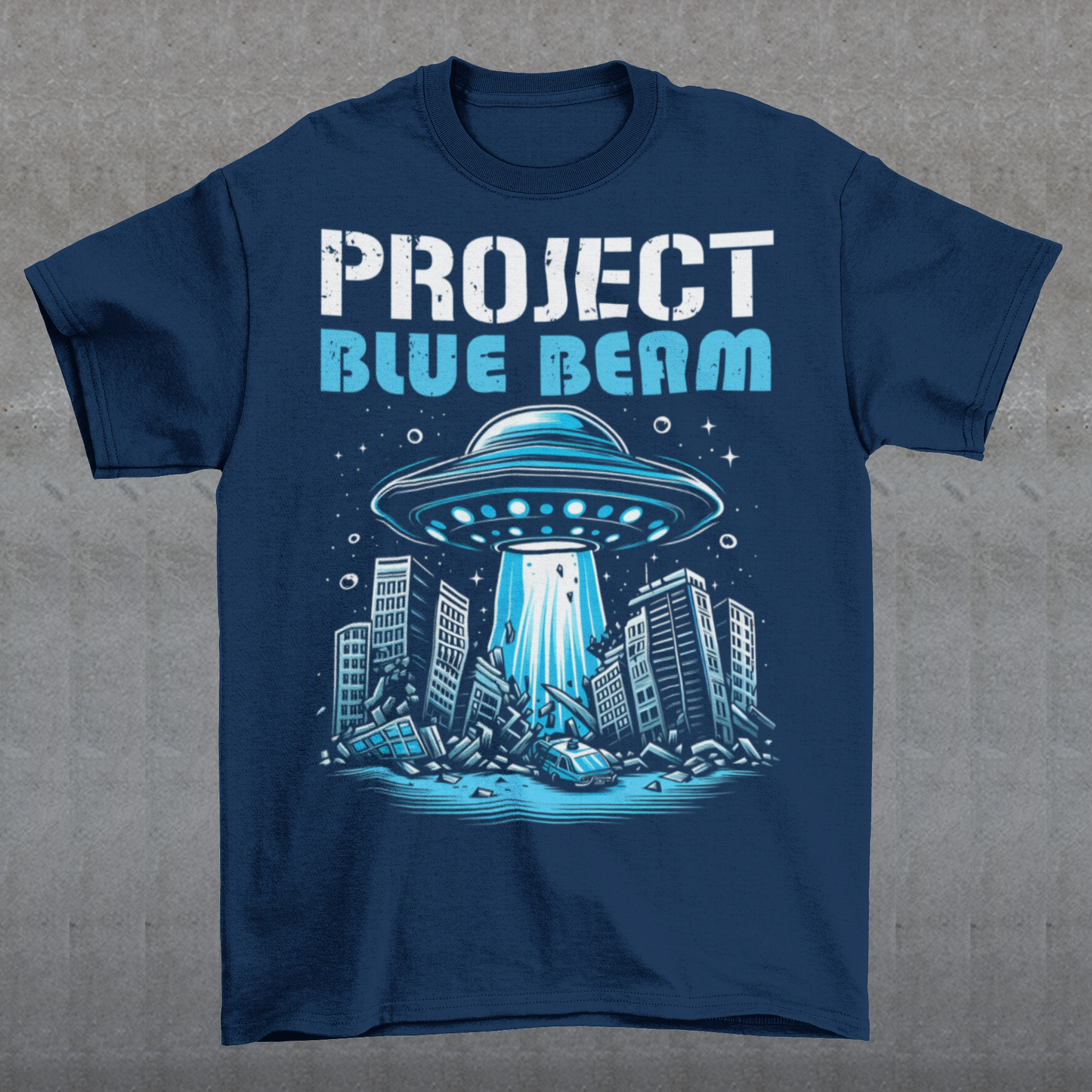 This bold and striking t-shirt features a dramatic scene of a UFO hovering menacingly above a futuristic city, casting a glowing beam of light that tears through skyscrapers, causing chaos and destruction below. The detailed artwork captures the intensity of the moment, with crumbling buildings giving the design an apocalyptic feel. Above the imagery, the text "PROJECT BLUE BEAM" is emblazoned in bold, futuristic typography, adding a mysterious and conspiracy-driven edge to the design.