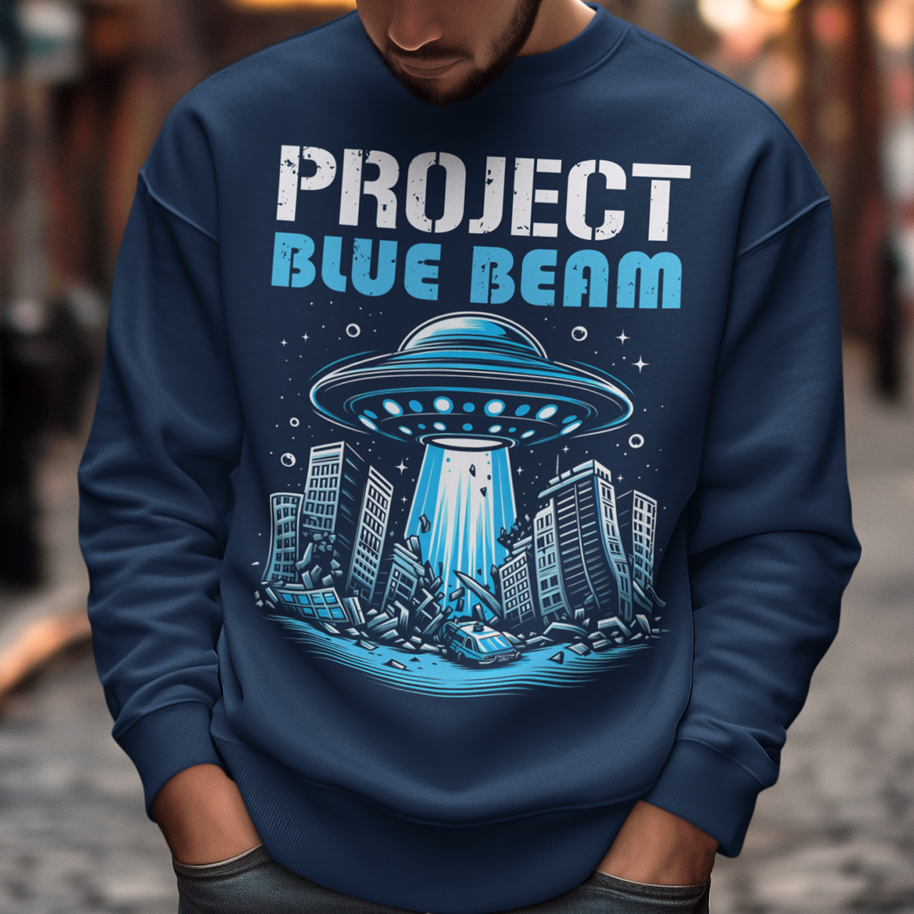 Navy sweatshirt of a UFO destroying a city and text "PROJECT BLUE BEAM."