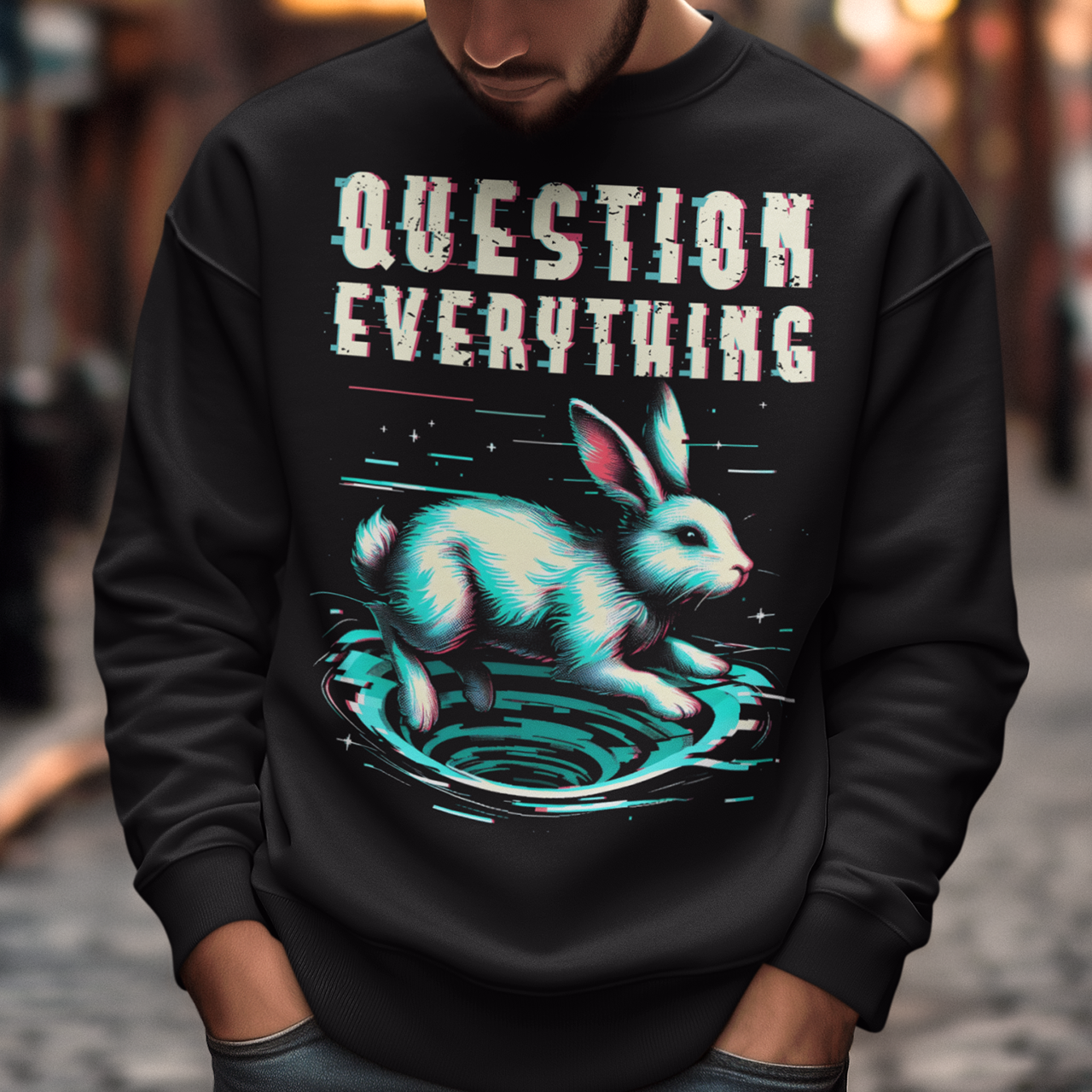 A graphic sweatshirt featuring a stylized illustration of a white rabbit diving headfirst into a swirling rabbit hole. The rabbit's legs and tail are visible as it disappears into the tunnel, surrounded by abstract, distorted digital effects. Above the image, the phrase "QUESTION EVERYTHING" appears in bold, glitched typography, as if corrupted or scrambled, adding a sense of mystery and rebellion. The design evokes curiosity and themes of exploration and truth-seeking.