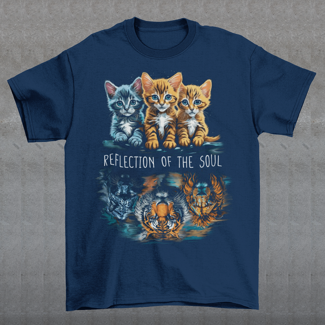 The design on this t-shirt is a captivating depiction of three cats, each gazing at their reflection in the water. Positioned in front of them are the majestic figures of a lion, a panther, and a tiger, their images rippling in the tranquil surface. The cats appear transfixed, their eyes filled with curiosity and introspection as they peer into the depths. In the center of the design, bold text reads "REFLECTION OF THE SOUL," drawing attention to the profound theme of self-awareness and inner contemplation