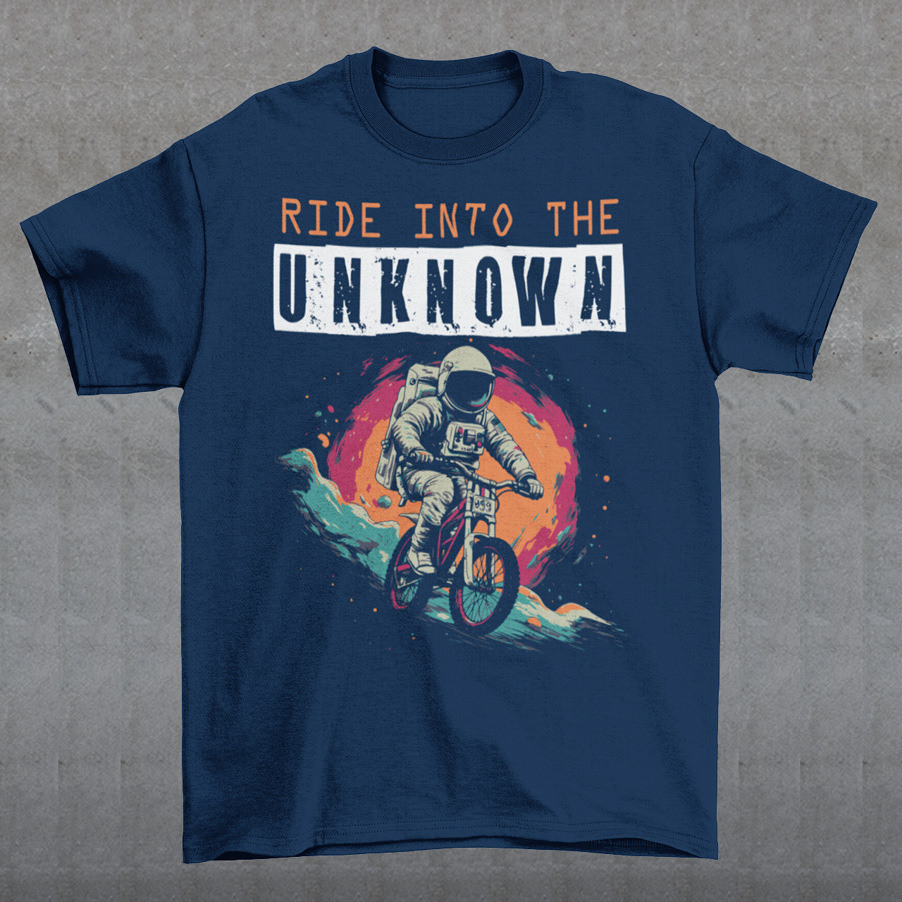 Embark on an intergalactic adventure with this captivating t-shirt featuring a fearless astronaut pedaling through the cosmos on a sleek space bike. Against the backdrop of a star-studded universe, the astronaut, adorned in a spacesuit, navigates the weightlessness of space with an exhilarating sense of exploration.