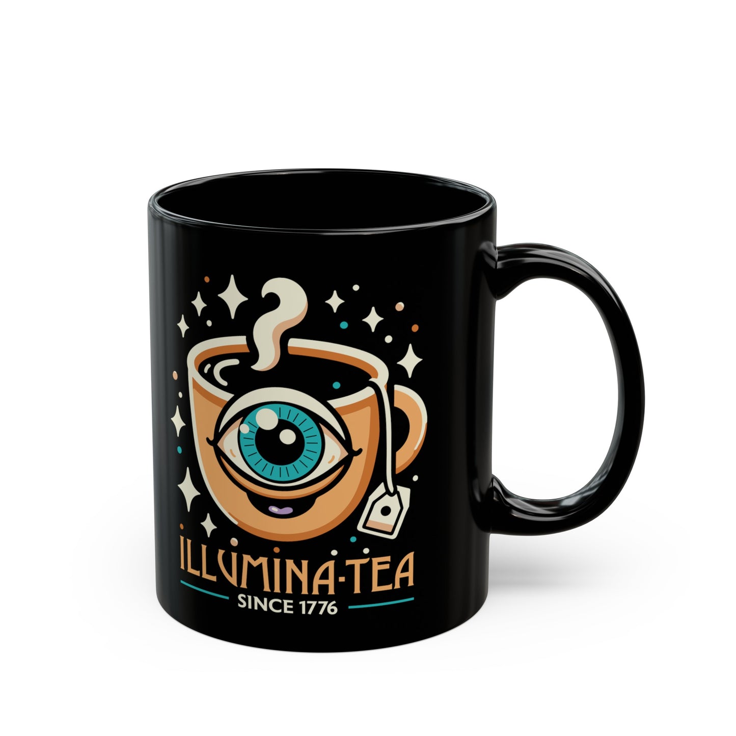 Black mug of an Illuminati cup with text Illumina-Tea
