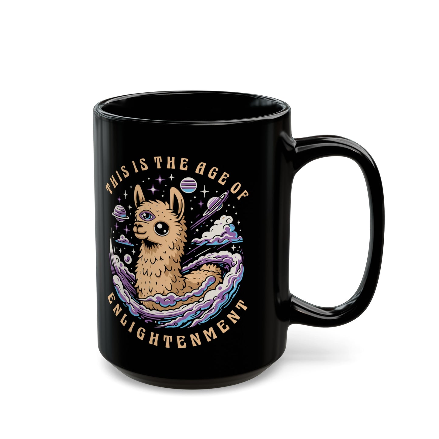 Black mug of a Llama with a third eye in space with text THIS IS THE AGE OF ENLIGHTENMENT.