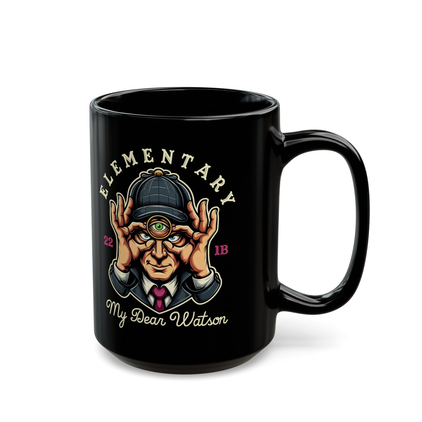 Black mug of Sherlock Holmes with a third eye and text ELEMENTARY MY DEAR WATSON.