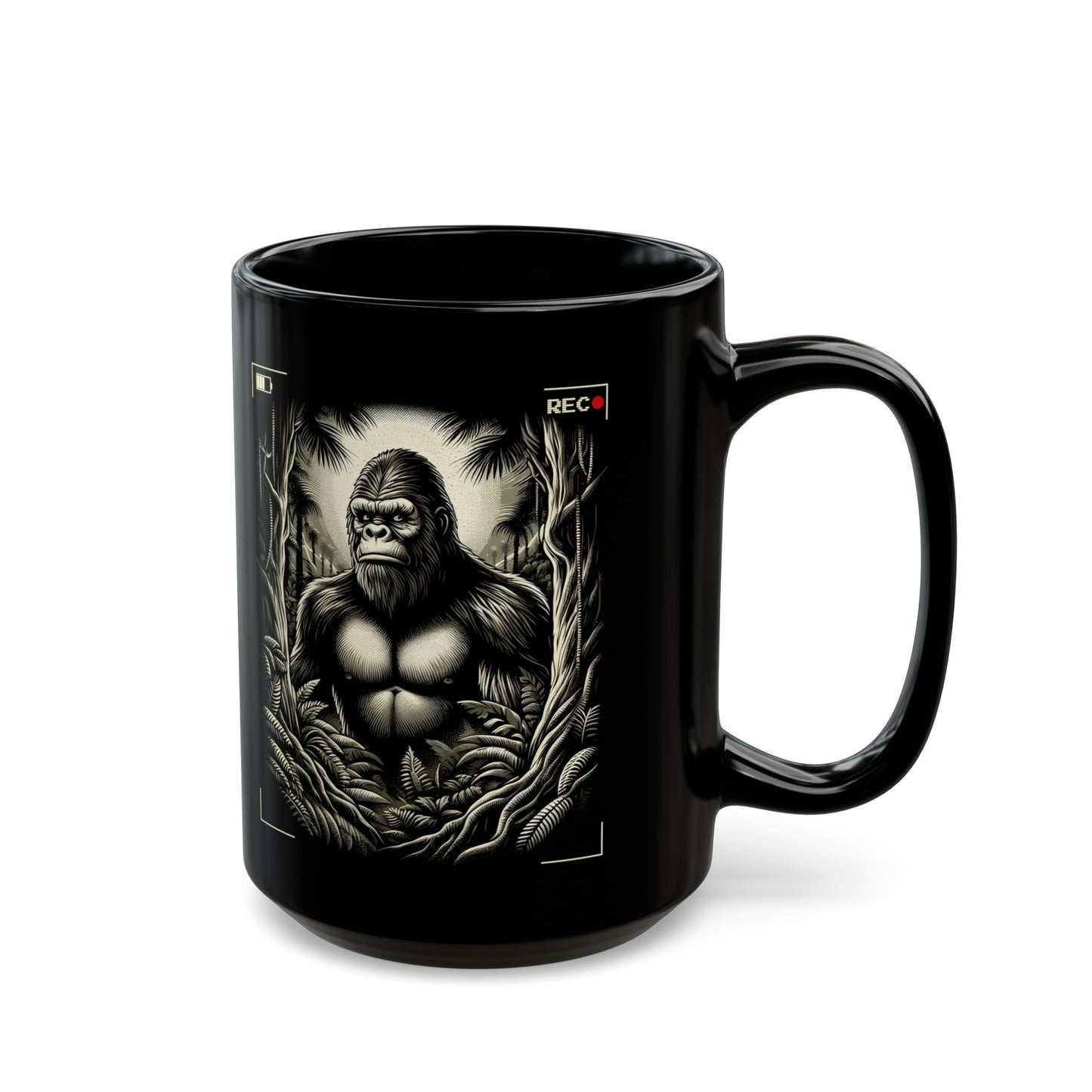 Black mug of Bigfoot being recorded looking through the trees.