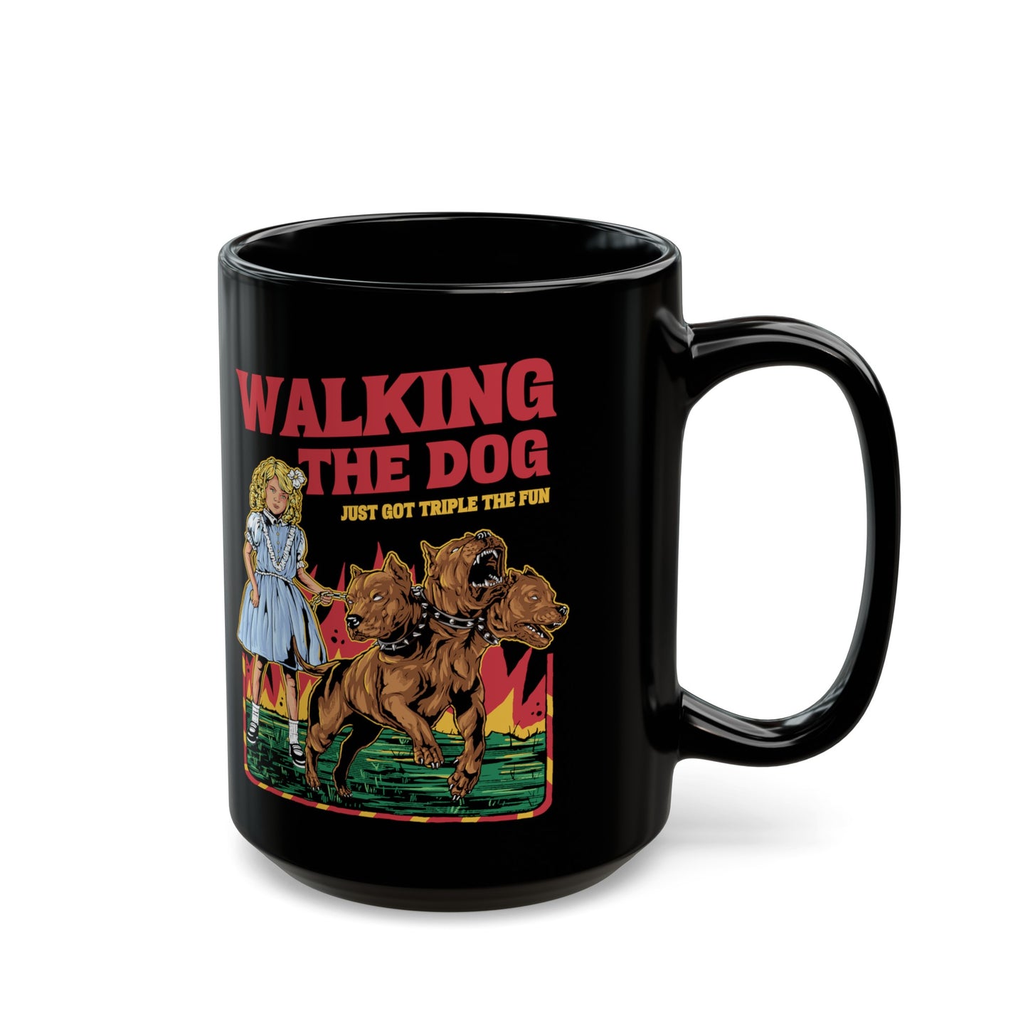 Black mug of a girl taking Cerberus dog for a walk with text WALKING THE DOG JUST GOT TRIPLE THE FUN.