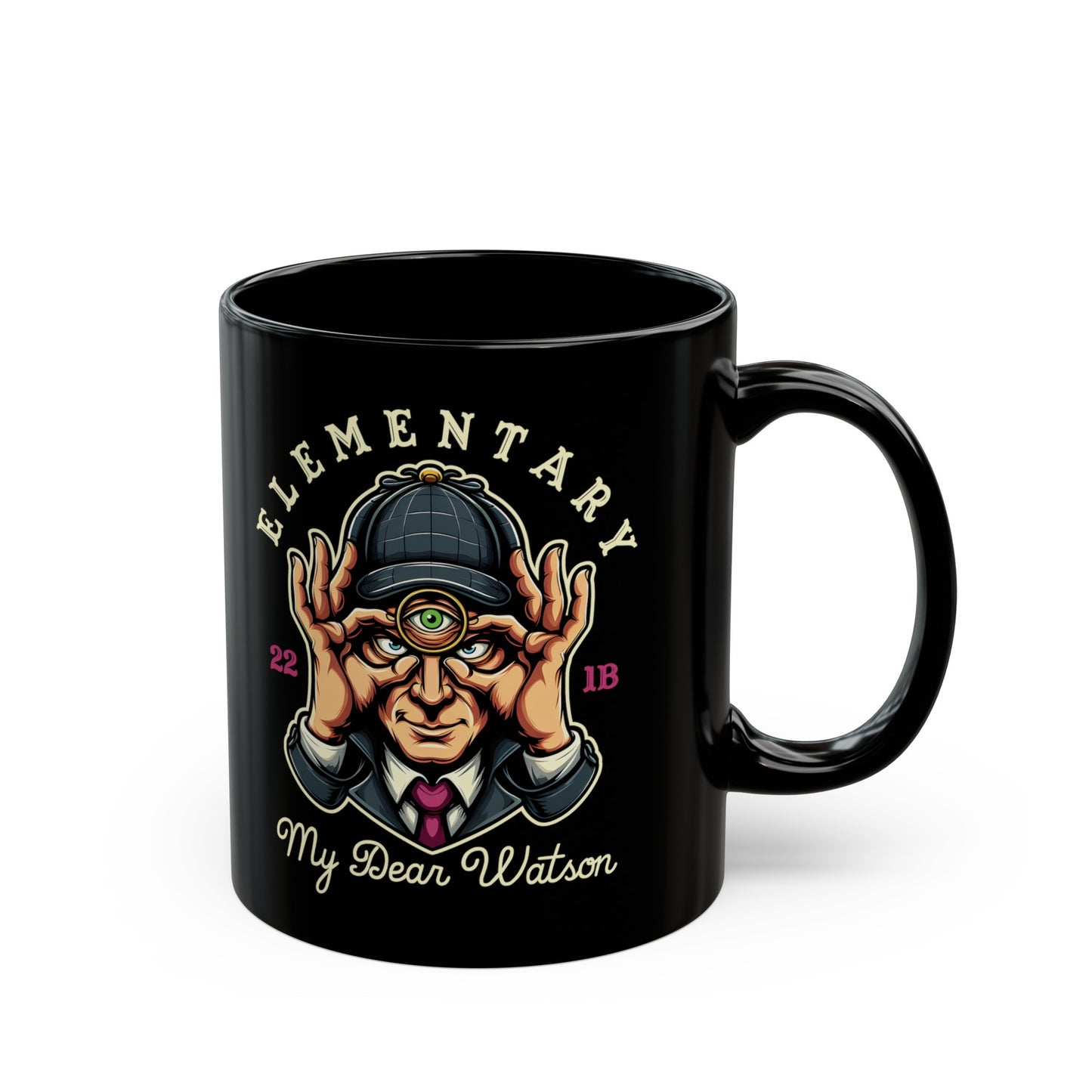 Black mug of Sherlock Holmes with a third eye and text ELEMENTARY MY DEAR WATSON.