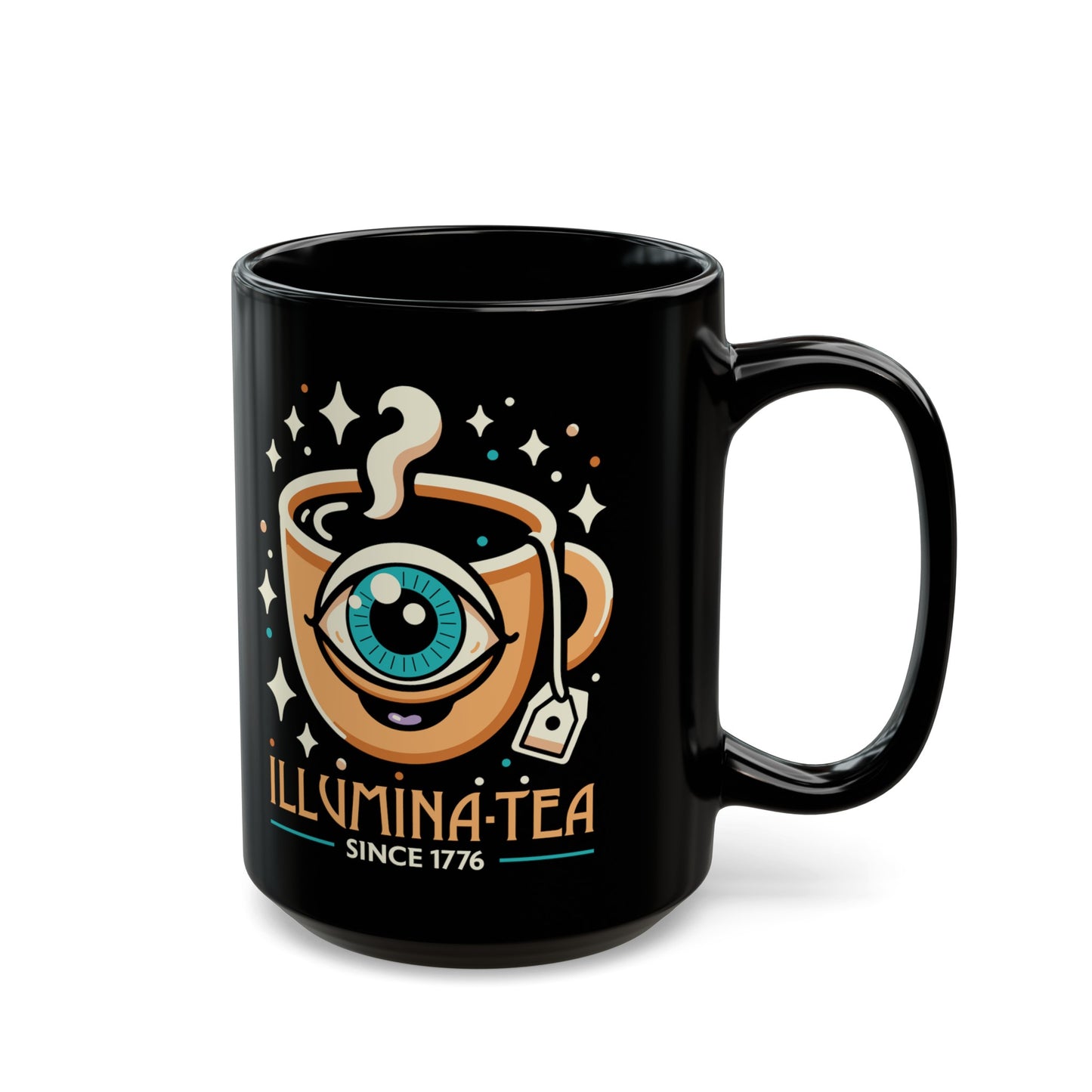 Black mug of an Illuminati cup with text Illumina-Tea