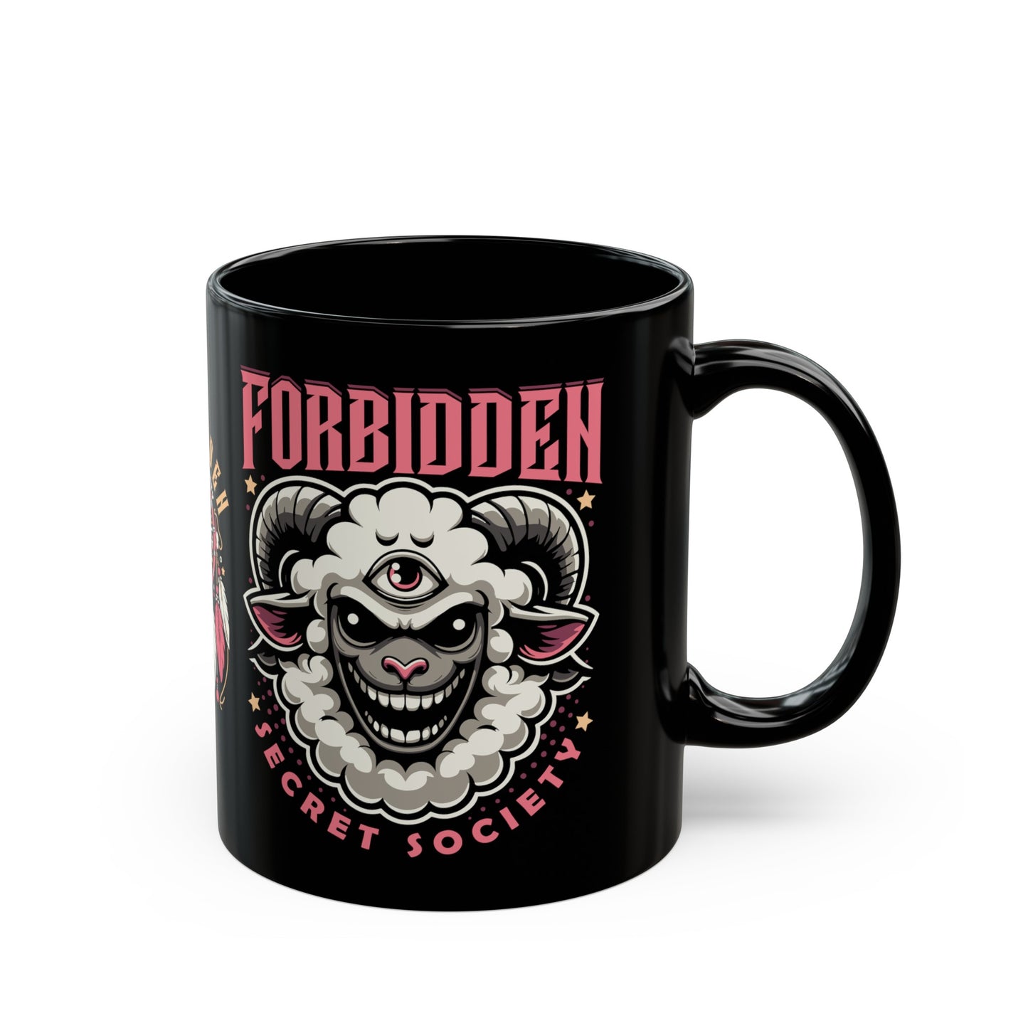 Black mug of an Illuminati sheep with a third eye with text FORBIDDEN SECRET SOCIETY.