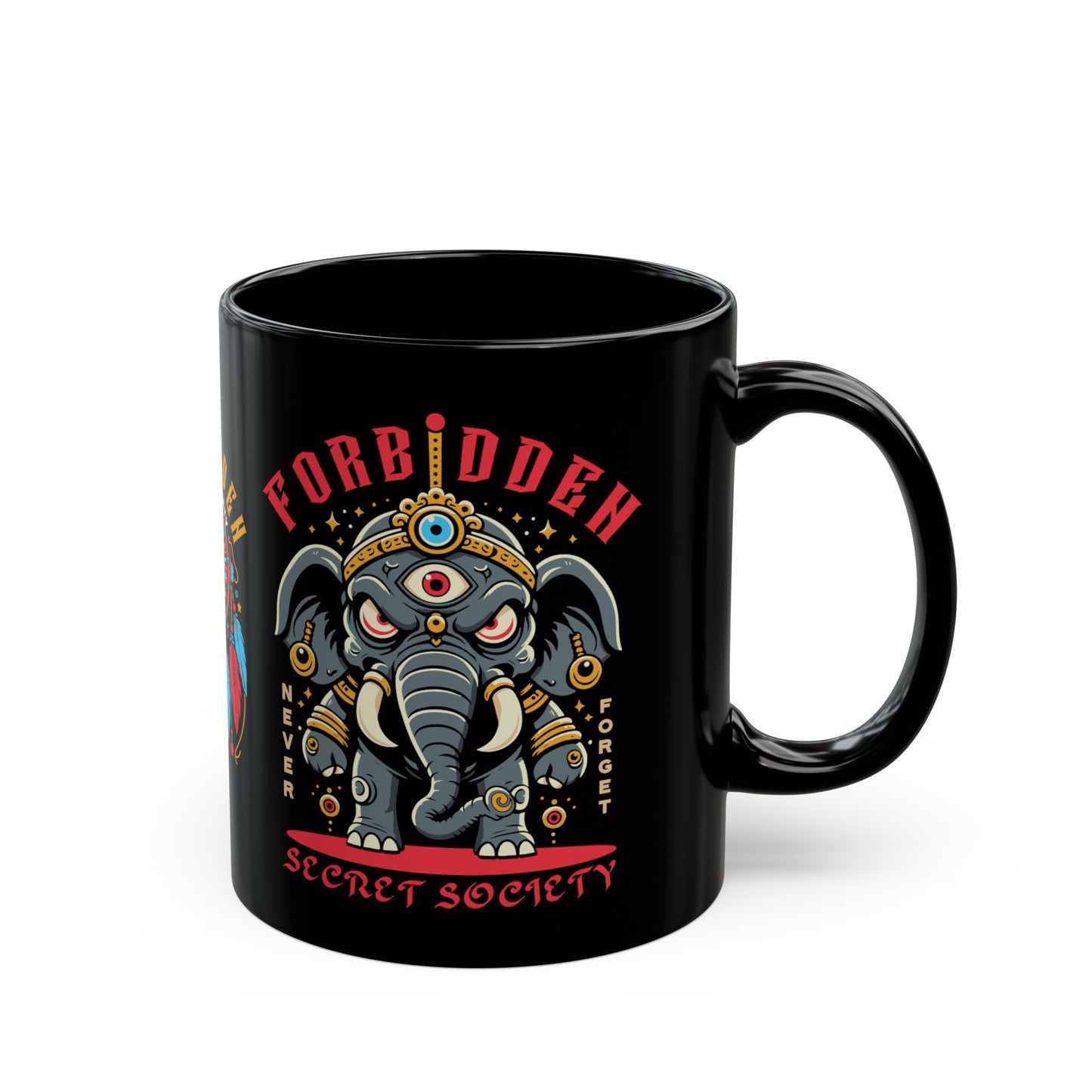 Black mug of an Illuminati elephant with a third eye with text FORBIDDEN SECRET SOCIETY.