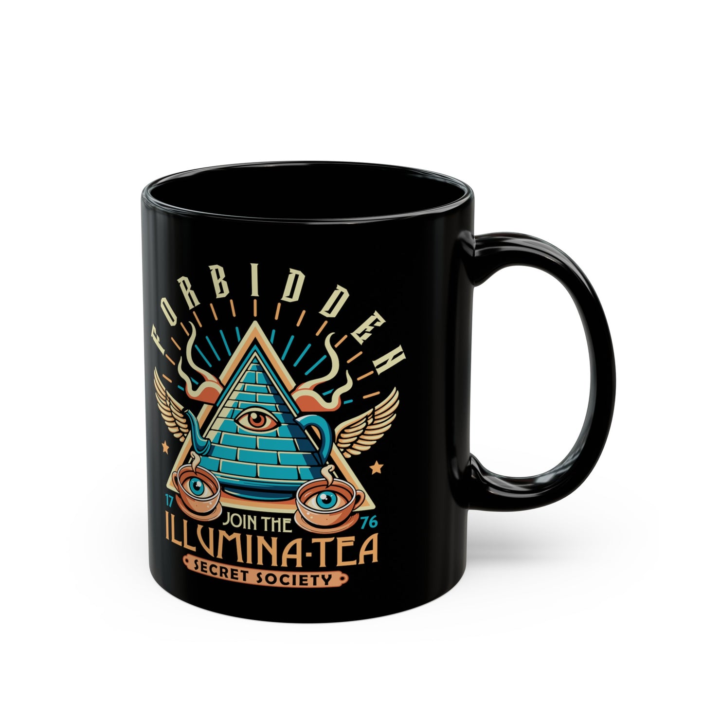 Black mug of an Illuminati tea pot and cups with text ILLUMINA-TEA.