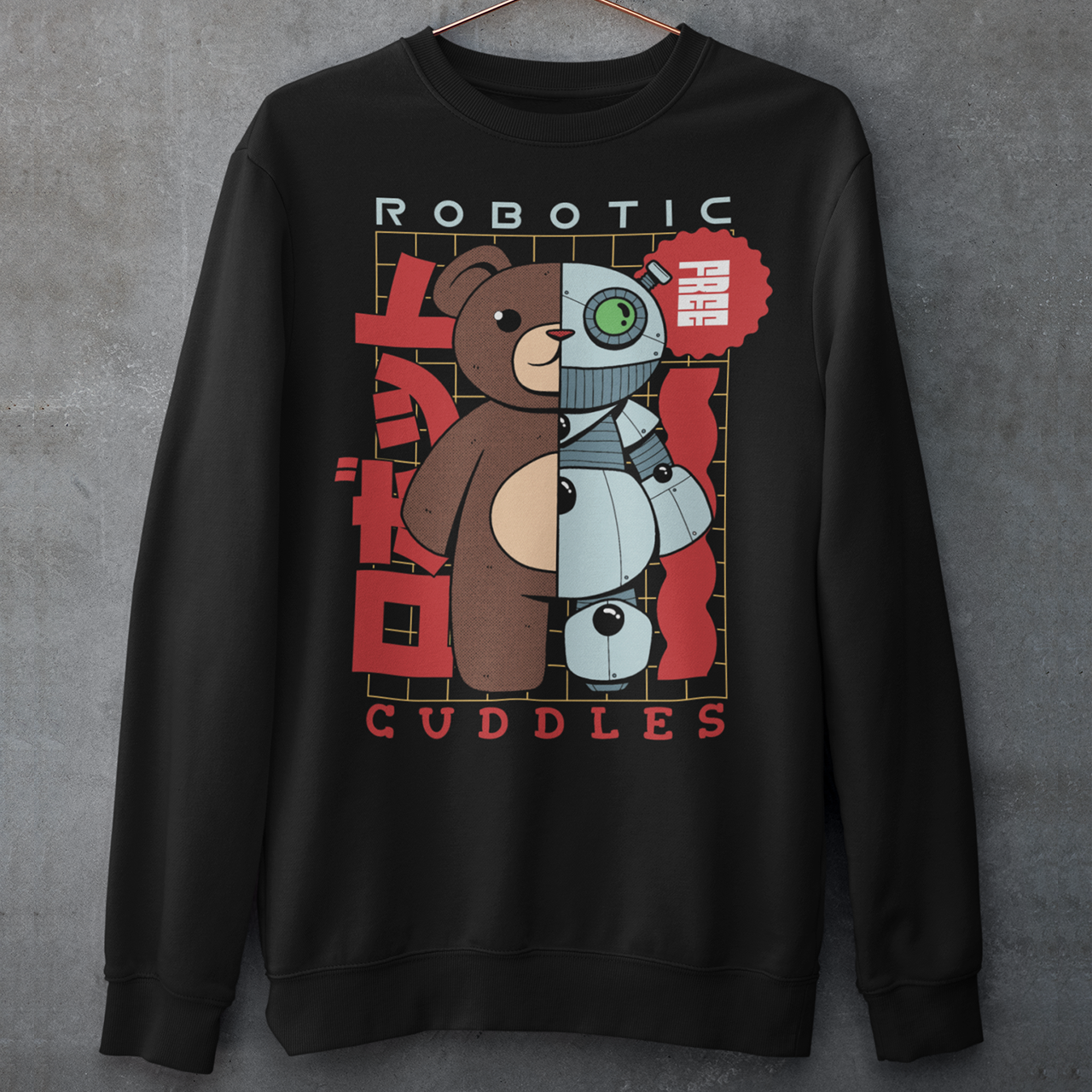 Introducing our exclusive "Robotic Cuddles" sweatshirt featuring an adorable half-robot teddy bear that seamlessly merges the charm of a classic cuddly friend with the futuristic allure of robotics. The design showcases a lovable teddy bear with one side transformed into a metallic marvel, complete with gears, circuits, and a hint of technological magic.