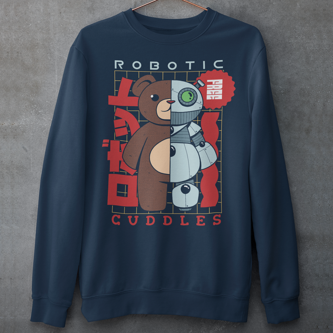 Introducing our exclusive "Robotic Cuddles" sweatshirt featuring an adorable half-robot teddy bear that seamlessly merges the charm of a classic cuddly friend with the futuristic allure of robotics. The design showcases a lovable teddy bear with one side transformed into a metallic marvel, complete with gears, circuits, and a hint of technological magic.