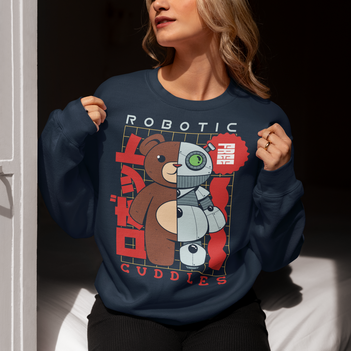 Introducing our exclusive "Robotic Cuddles" sweatshirt featuring an adorable half-robot teddy bear that seamlessly merges the charm of a classic cuddly friend with the futuristic allure of robotics. The design showcases a lovable teddy bear with one side transformed into a metallic marvel, complete with gears, circuits, and a hint of technological magic.