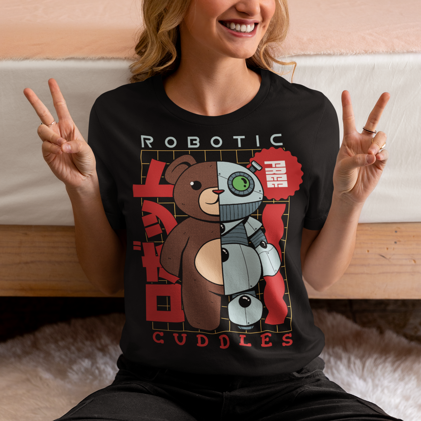 Introducing our exclusive "Robotic Cuddles" t-shirt featuring an adorable half-robot teddy bear that seamlessly merges the charm of a classic cuddly friend with the futuristic allure of robotics. The design showcases a lovable teddy bear with one side transformed into a metallic marvel, complete with gears, circuits, and a hint of technological magic.