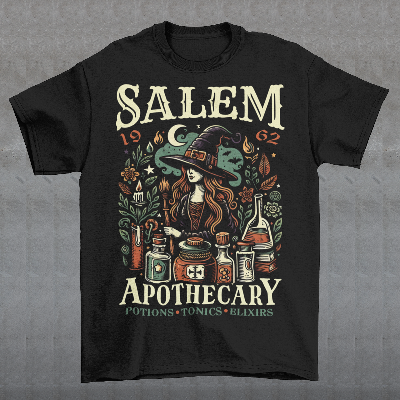 Step into the mystique of Salem with our "Salem Apothecary" t-shirt, a perfect blend of witchy charm and vintage flair. This design features a captivating witch, dressed in traditional attire, brewing potions with an array of mystical bottles and herbs. On the design the words "SALEM APOTHECARY" are prominently displayed, evoking the enchanting atmosphere of an old-world potion shop. This shirt is ideal for those who love the allure of witchcraft and the history of Salem.