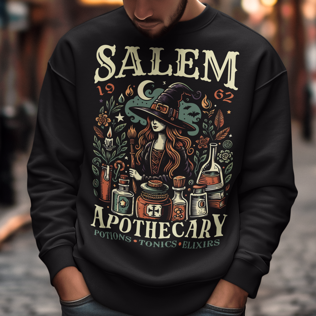 Step into the mystique of Salem with our "Salem Apothecary" Sweatshirt, a perfect blend of witchy charm and vintage flair. This design features a captivating witch, dressed in traditional attire, brewing potions with an array of mystical bottles and herbs. On the design the words "SALEM APOTHECARY" are prominently displayed, evoking the enchanting atmosphere of an old-world potion shop. This shirt is ideal for those who love the allure of witchcraft and the history of Salem.