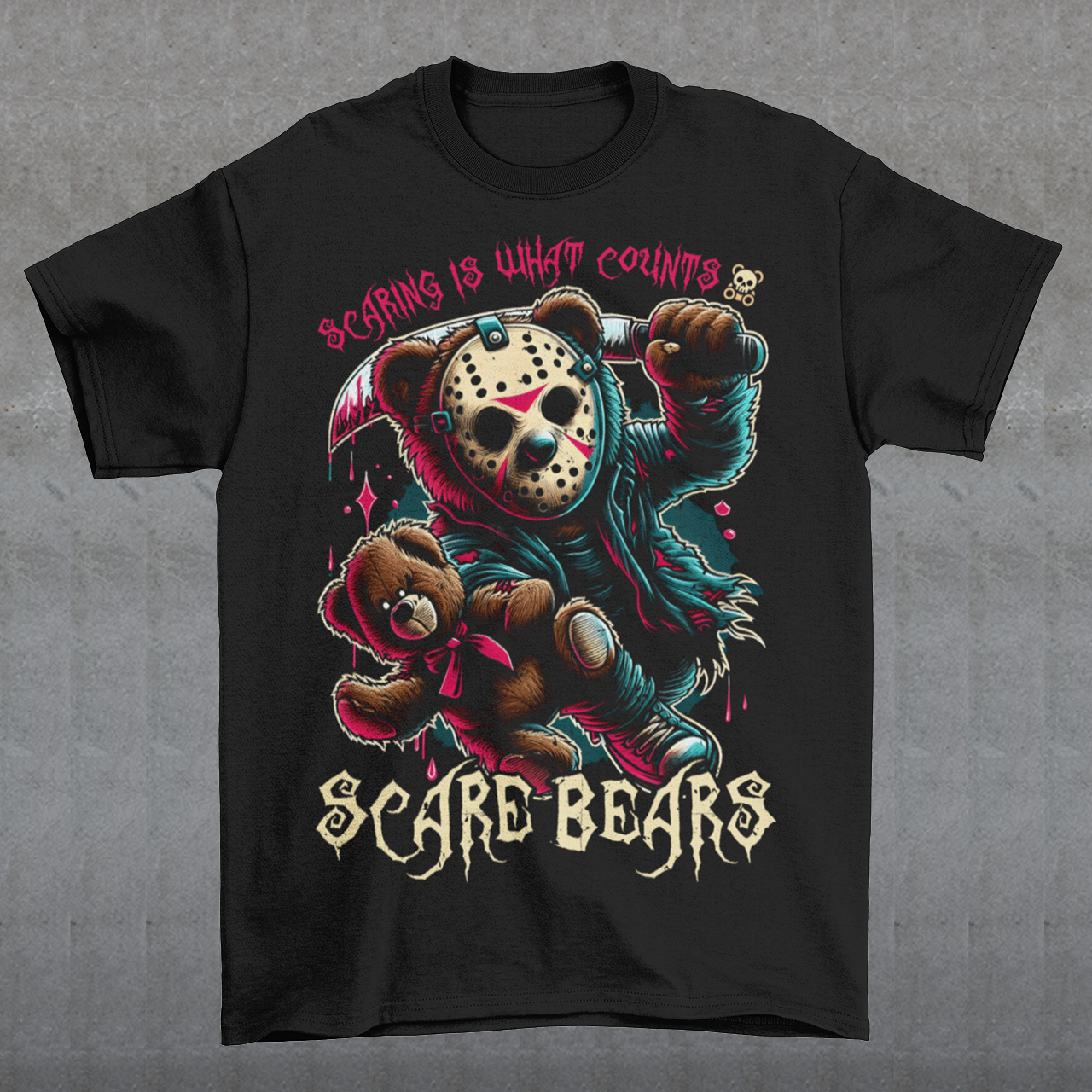 Introducing the SCARE BEARS T-shirt! This bold tee features a fearsome bear wearing a hockey mask and gripping a machete, putting a sinister twist on a childhood favorite. The text above reads "SCARING IS WHAT COUNTS," while below, the phrase "SCARE BEARS" adds a fun, spooky touch. Perfect for Halloween lovers, horror fans, or anyone with a taste for the playful and dark side of fashion. This unique shirt is sure to stand out and make a statement wherever you go!