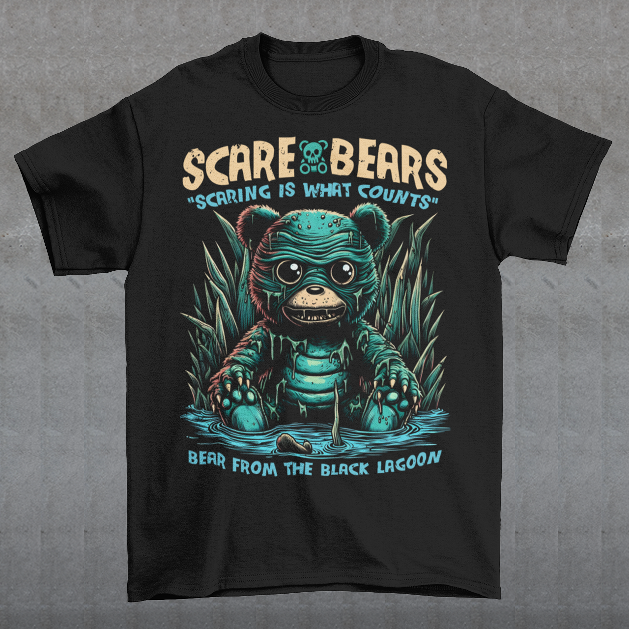 Introducing the Scare Bears T-Shirt! This eerie tee features a creature from the black lagoon, but with a twist: it’s a bear! Sitting ominously in a misty swamp, this monstrous bear peers out with glowing eyes, half-submerged in murky waters and surrounded by twisted trees and eerie shadows.