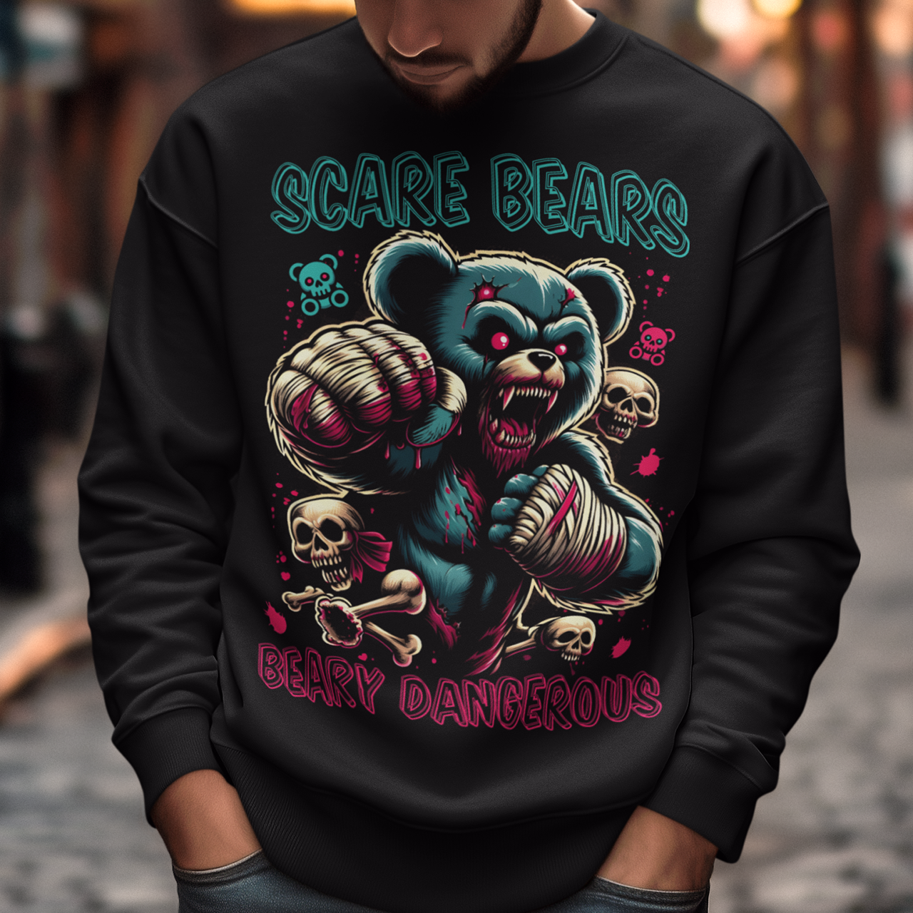 Black sweatshirt of a fighting MMA bear with text above "SCARE BEARS". "Text below "BEARY DANGEROUS".