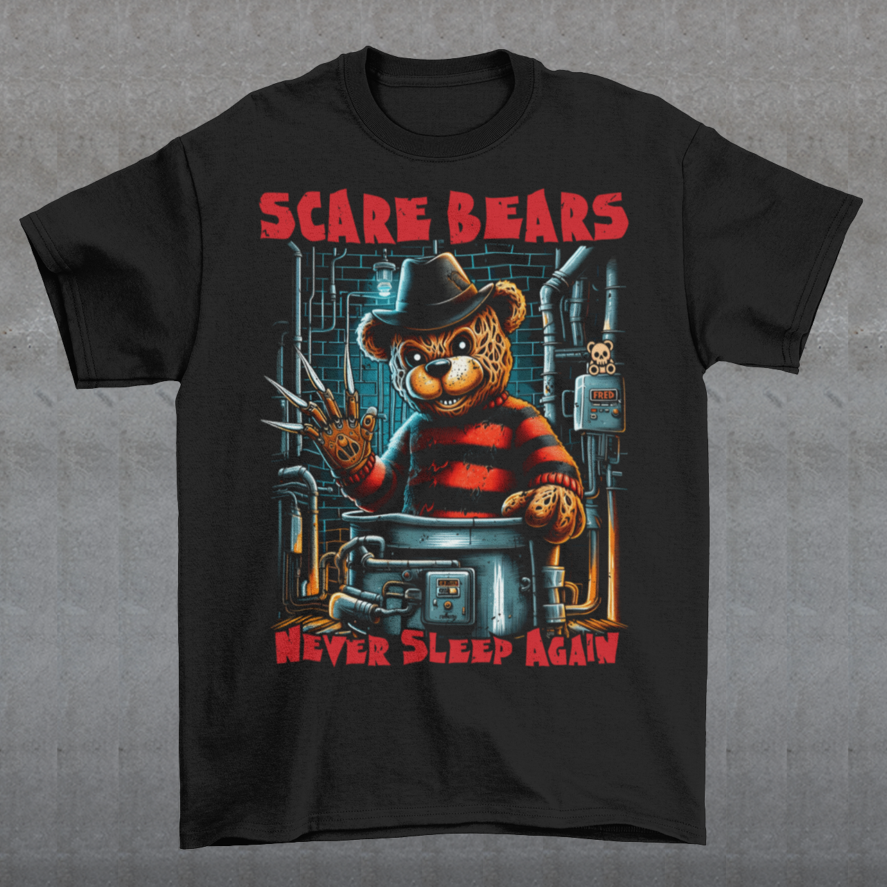 This T-shirt features a burnt, scary bear, wearing a tattered hat and a bladed glove, standing menacingly in a dark boiler room. The bear's charred fur and glowing red eyes give off a terrifying vibe, with steam pipes and sparks in the background.
The bold text above reads "SCARE BEARS", and the chilling tagline below says "NEVER SLEEP AGAIN", adding to the sinister atmosphere. Perfect for fans of horror and twisted takes on childhood icons.