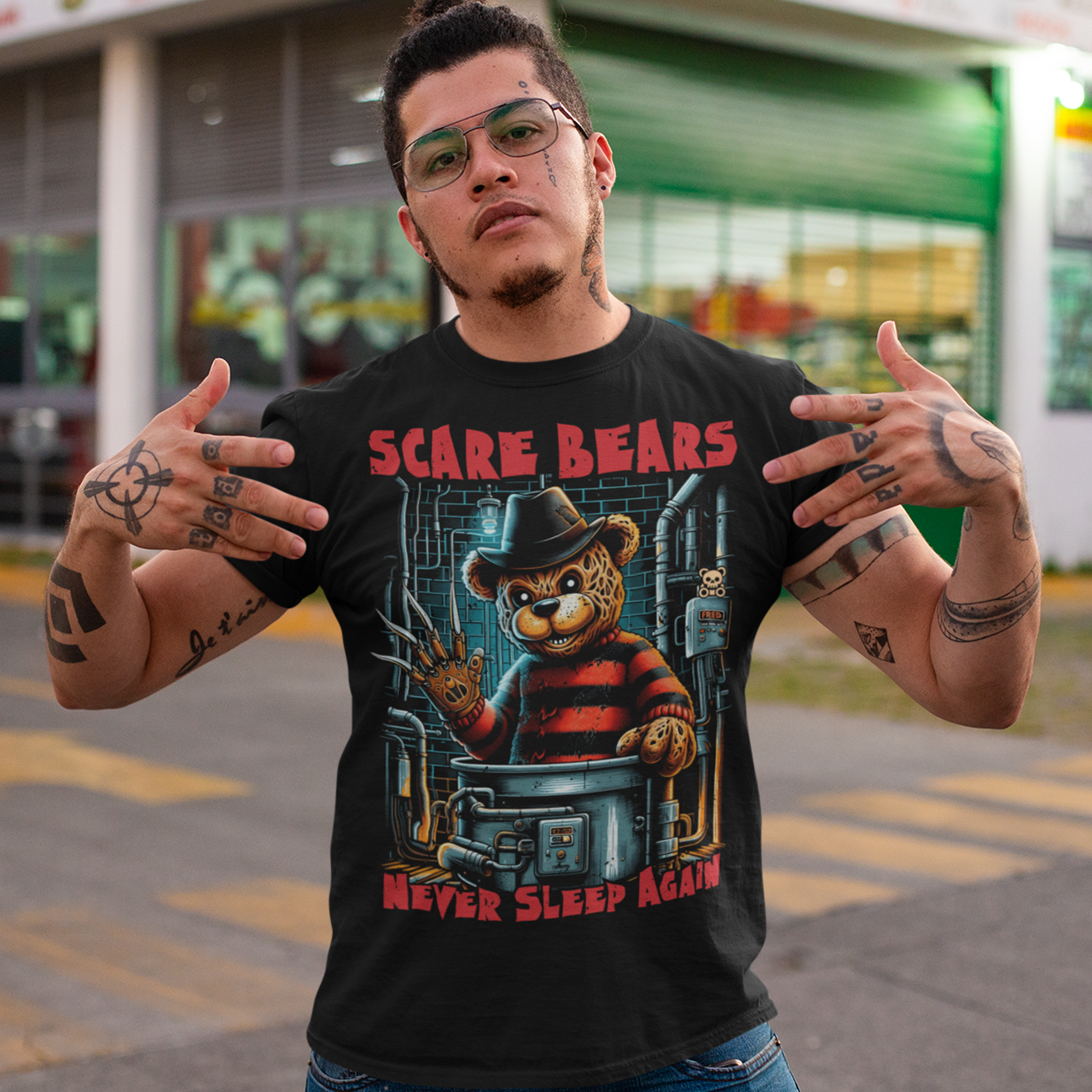 This T-shirt features a burnt, scary bear, wearing a tattered hat and a bladed glove, standing menacingly in a dark boiler room. The bear's charred fur and glowing red eyes give off a terrifying vibe, with steam pipes and sparks in the background.
The bold text above reads "SCARE BEARS", and the chilling tagline below says "NEVER SLEEP AGAIN", adding to the sinister atmosphere. Perfect for fans of horror and twisted takes on childhood icons.