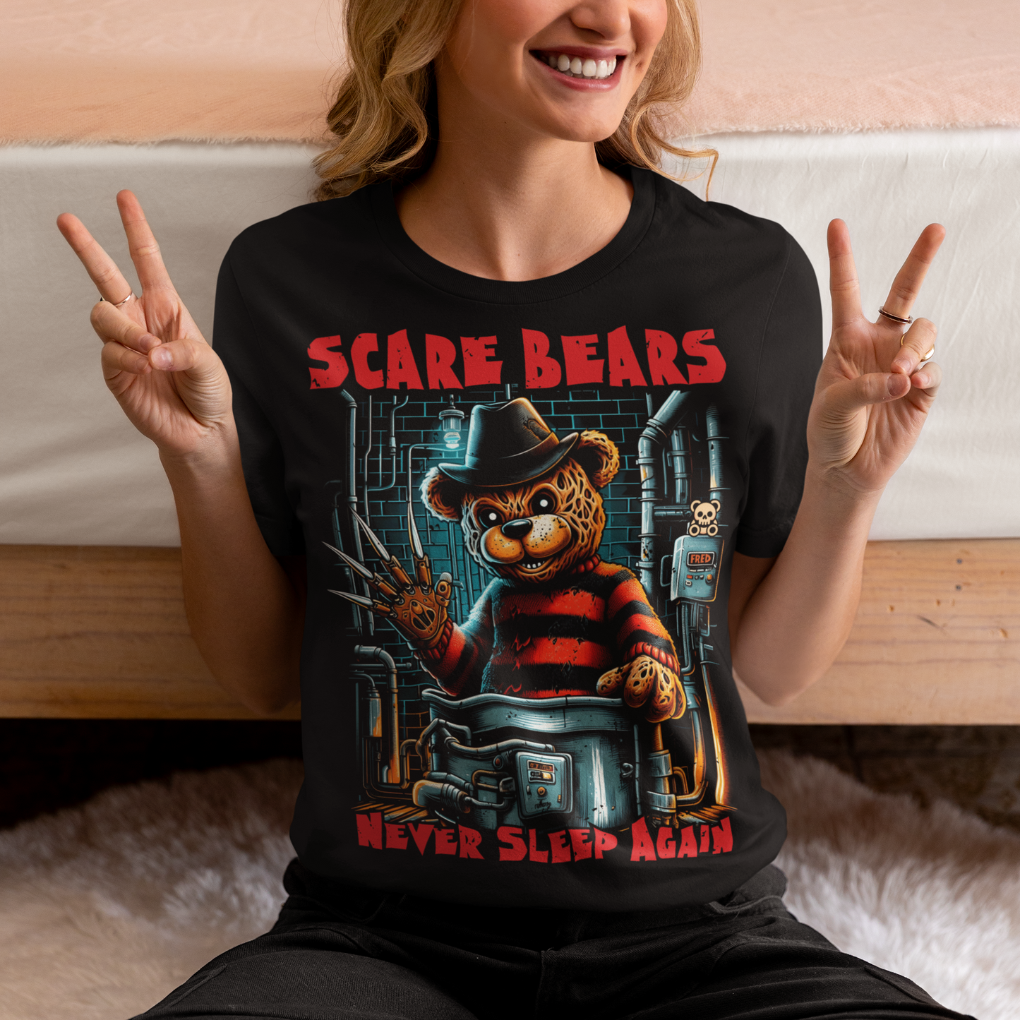 This T-shirt features a burnt, scary bear, wearing a tattered hat and a bladed glove, standing menacingly in a dark boiler room. The bear's charred fur and glowing red eyes give off a terrifying vibe, with steam pipes and sparks in the background.
The bold text above reads "SCARE BEARS", and the chilling tagline below says "NEVER SLEEP AGAIN", adding to the sinister atmosphere. Perfect for fans of horror and twisted takes on childhood icons.